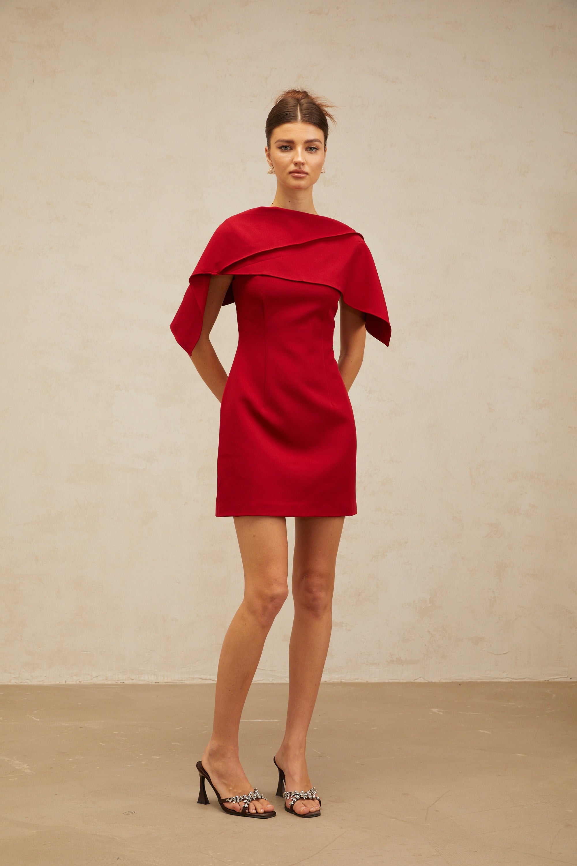 Constance wine-red cape-design A-line mini dress