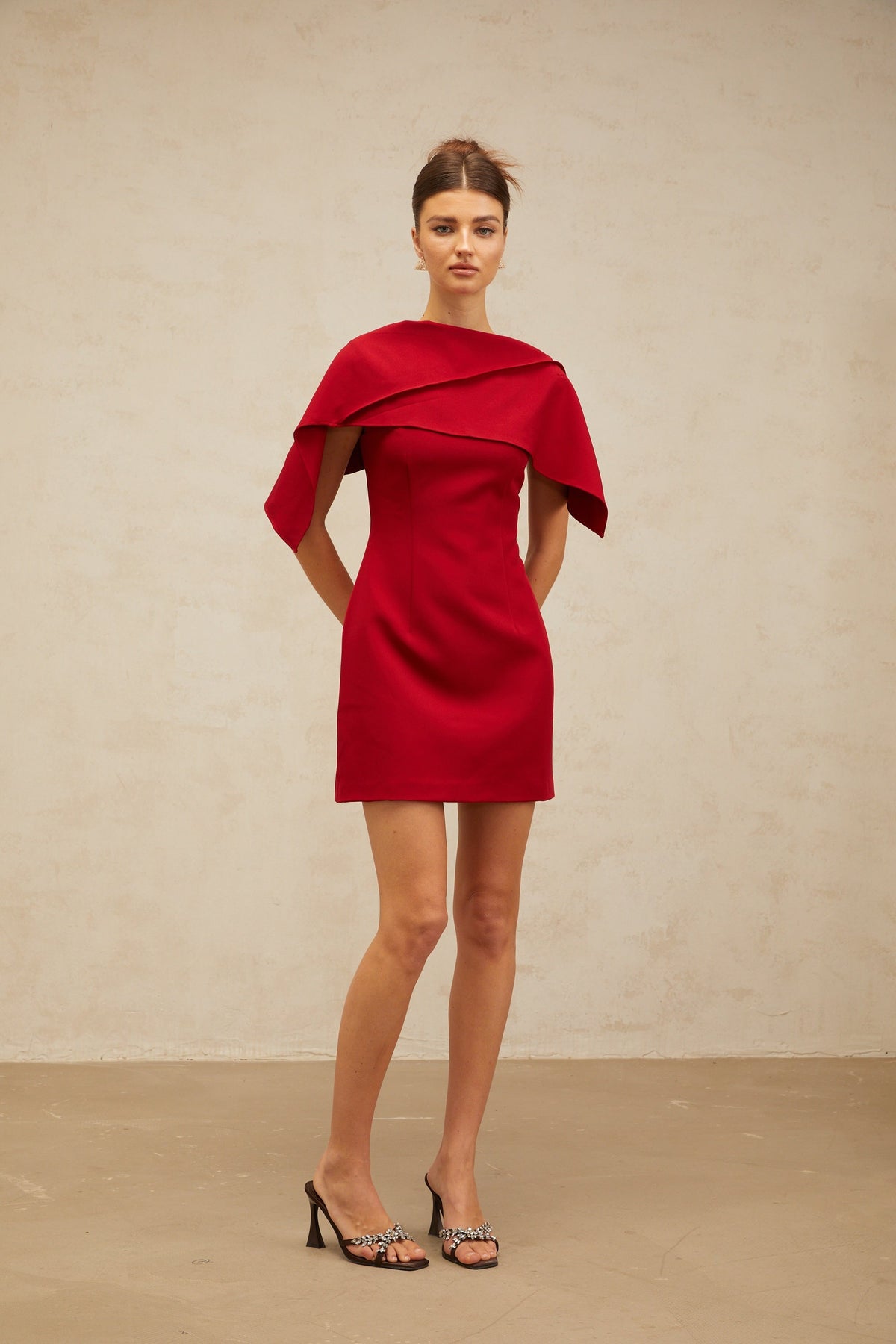 Constance wine-red cape-design A-line mini dress