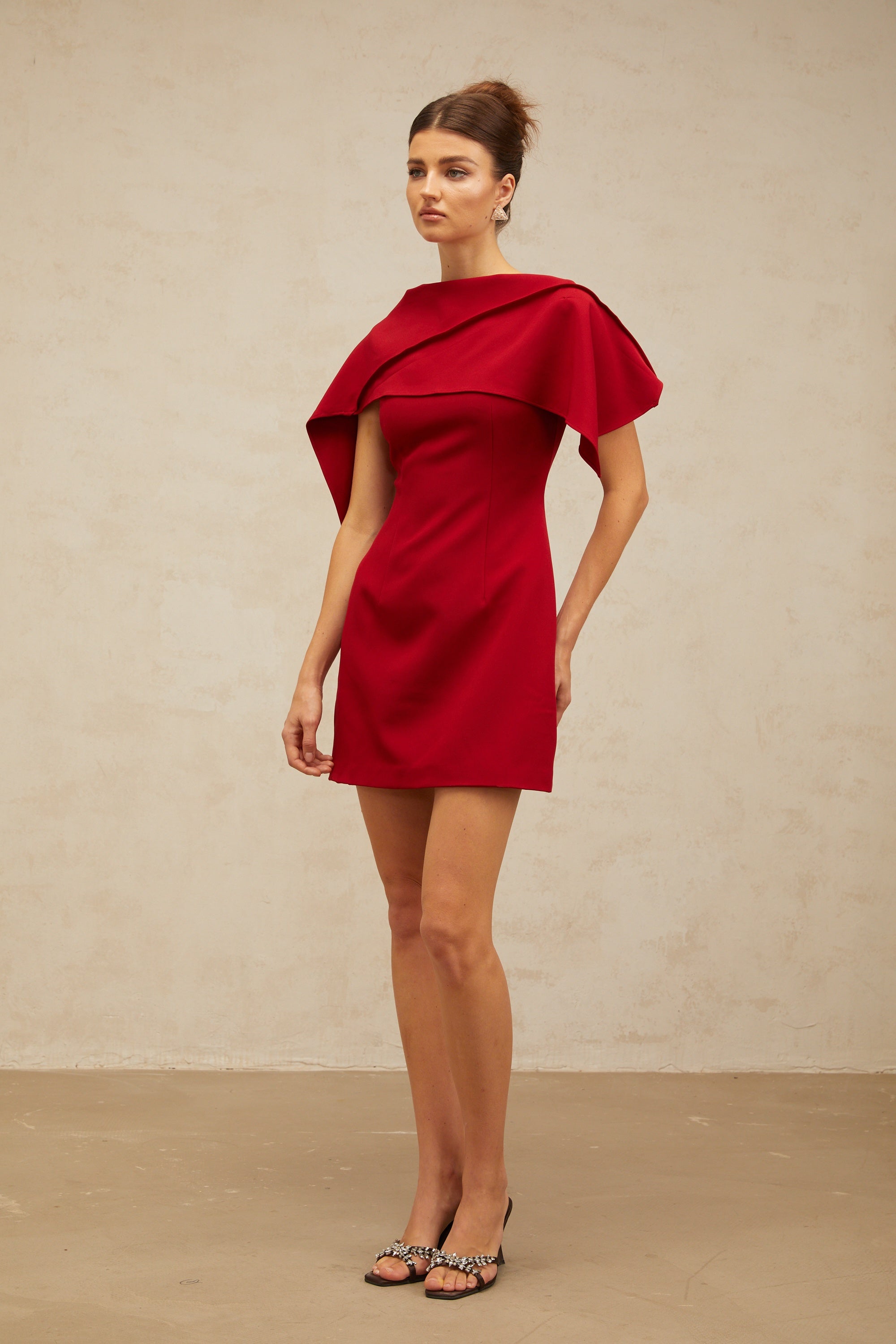 Constance wine-red cape-design A-line mini dress