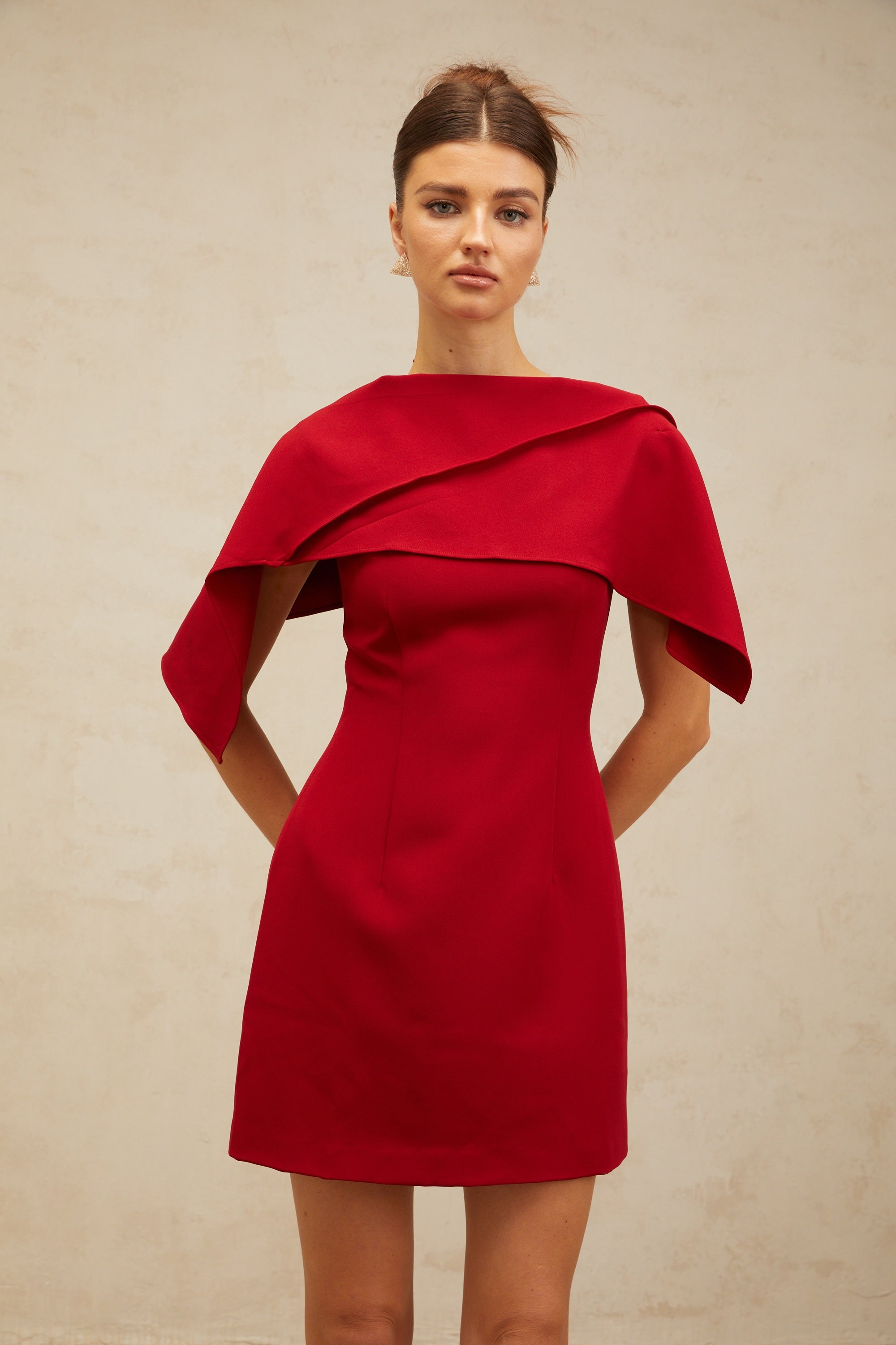 Constance wine-red cape-design A-line mini dress