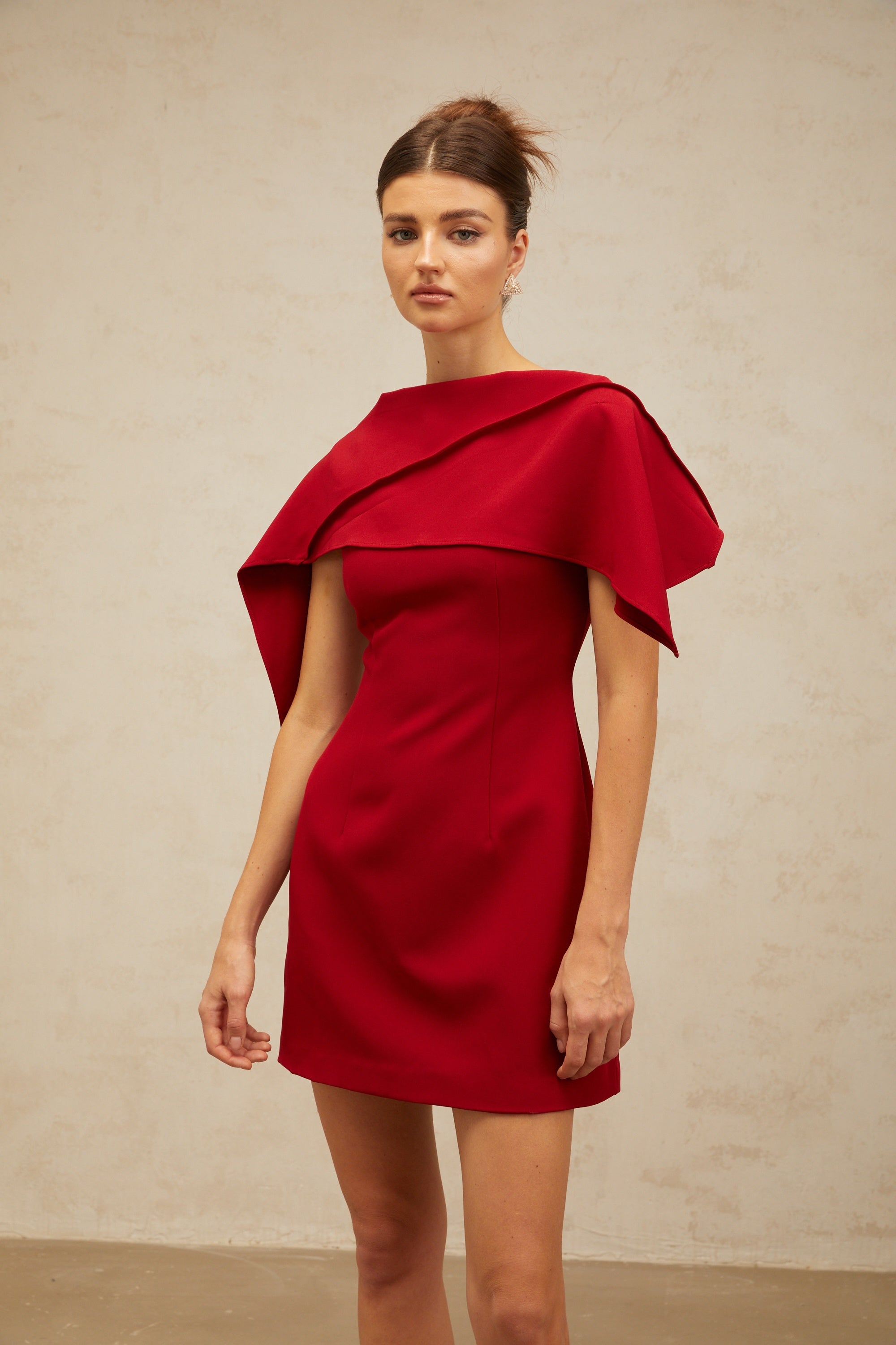 Constance wine-red cape-design A-line mini dress