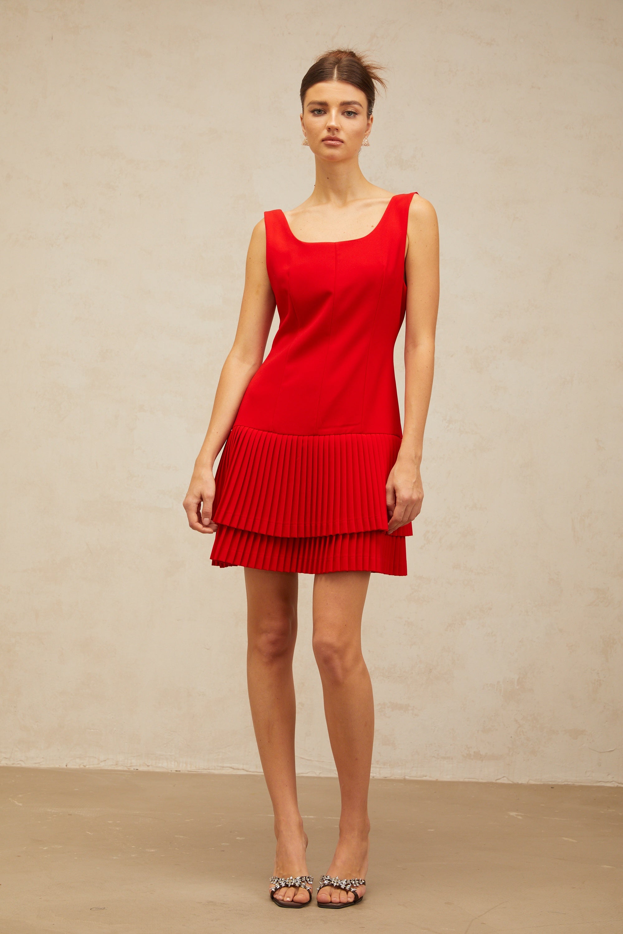 Natacha red pleated layered mini dress
