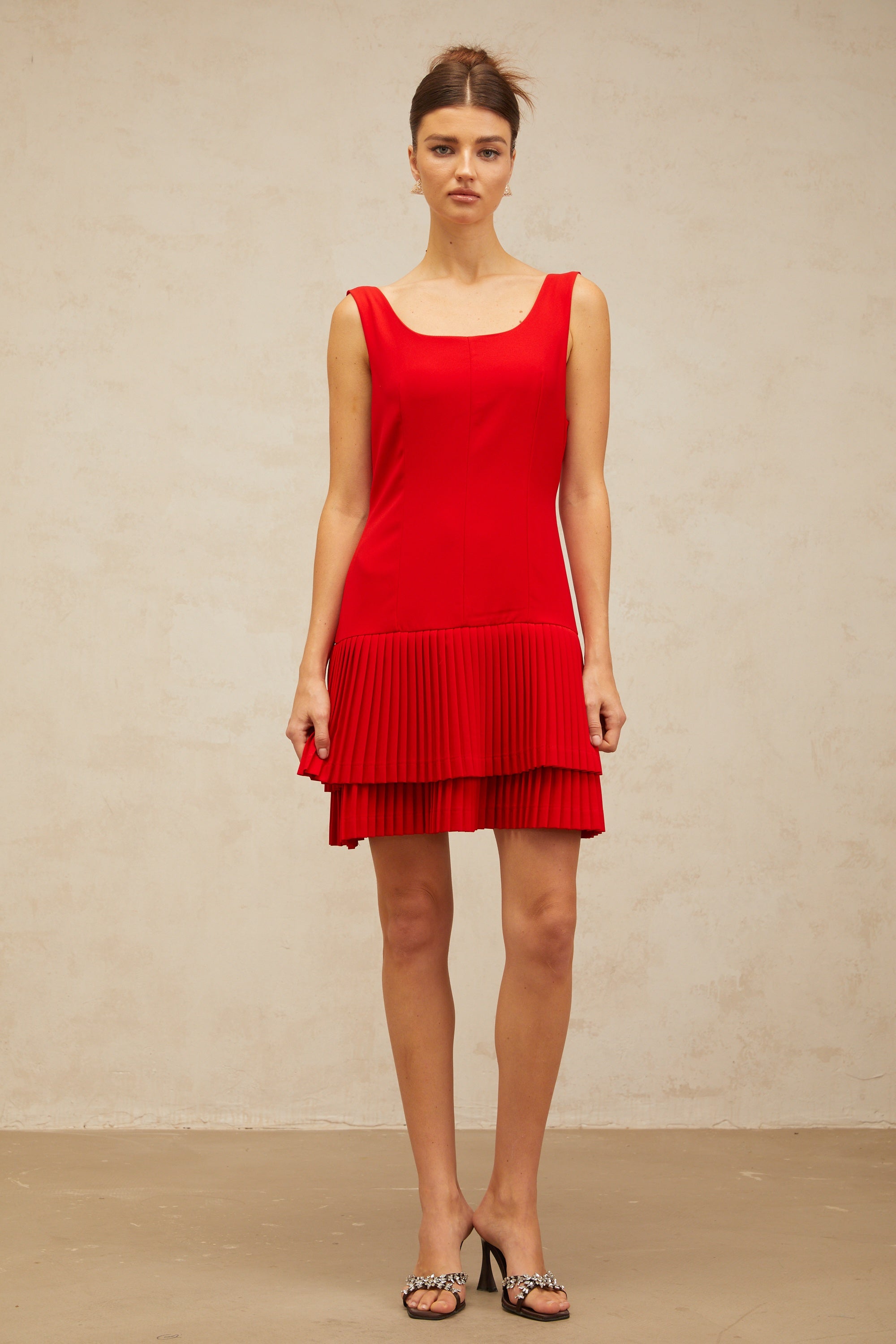 Natacha red pleated layered mini dress