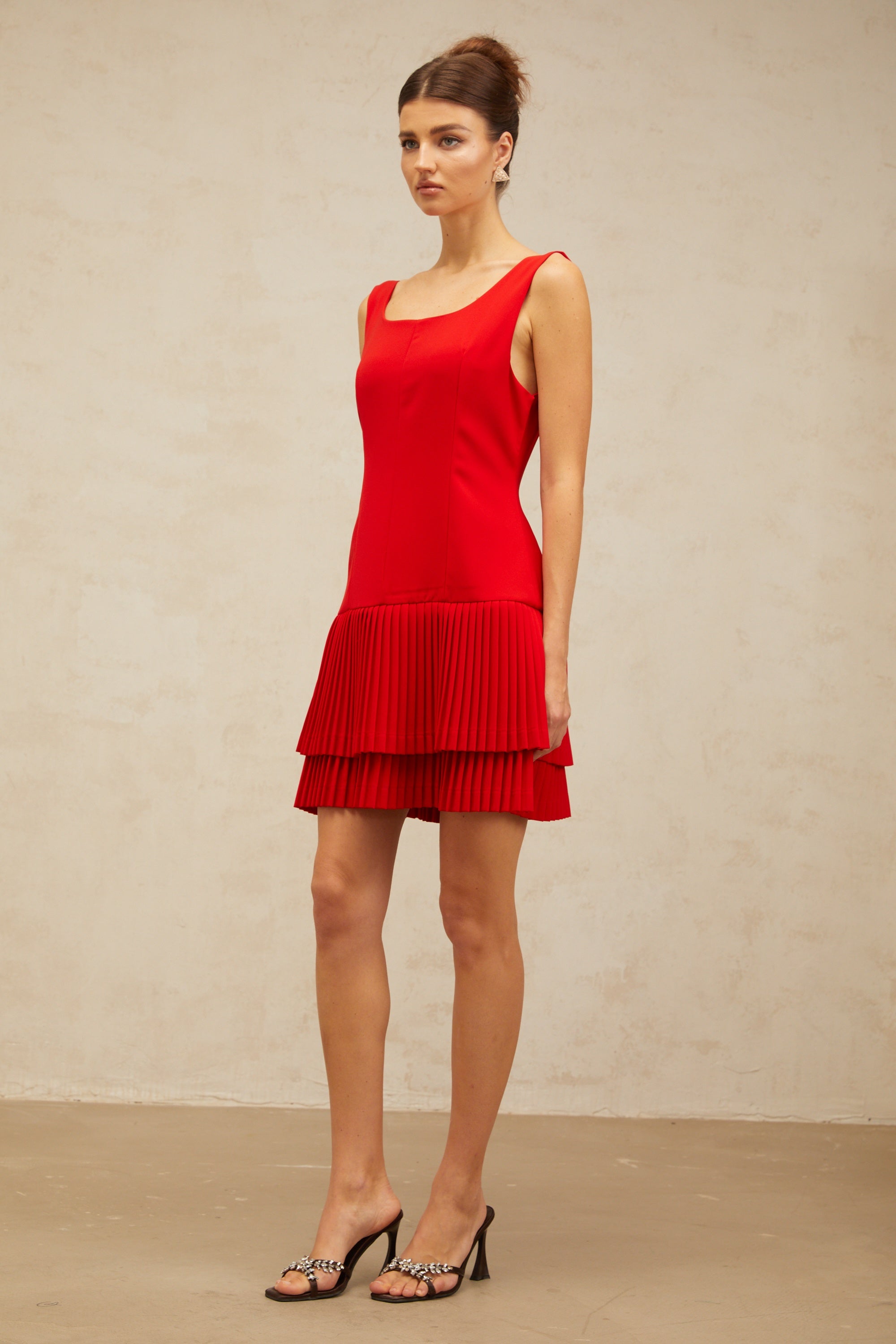 Natacha red pleated layered mini dress