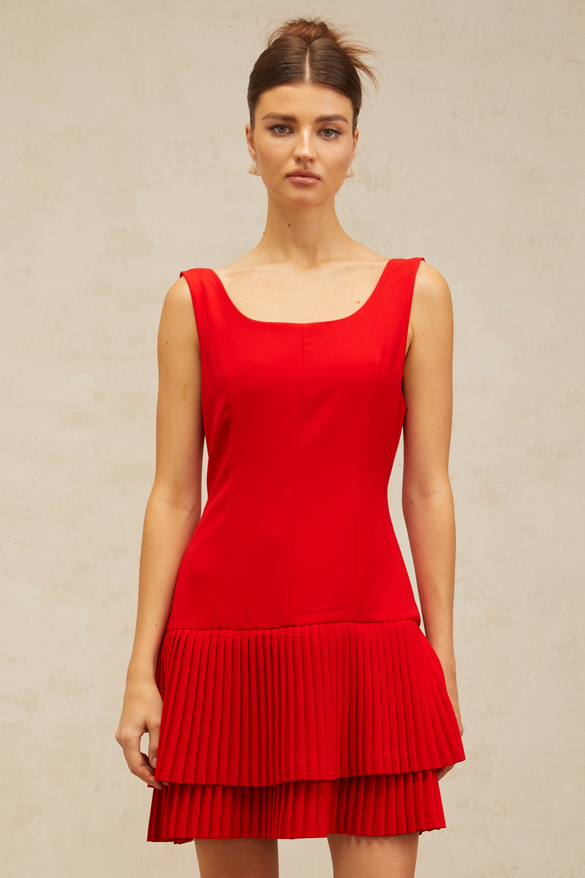 Natacha red pleated layered mini dress