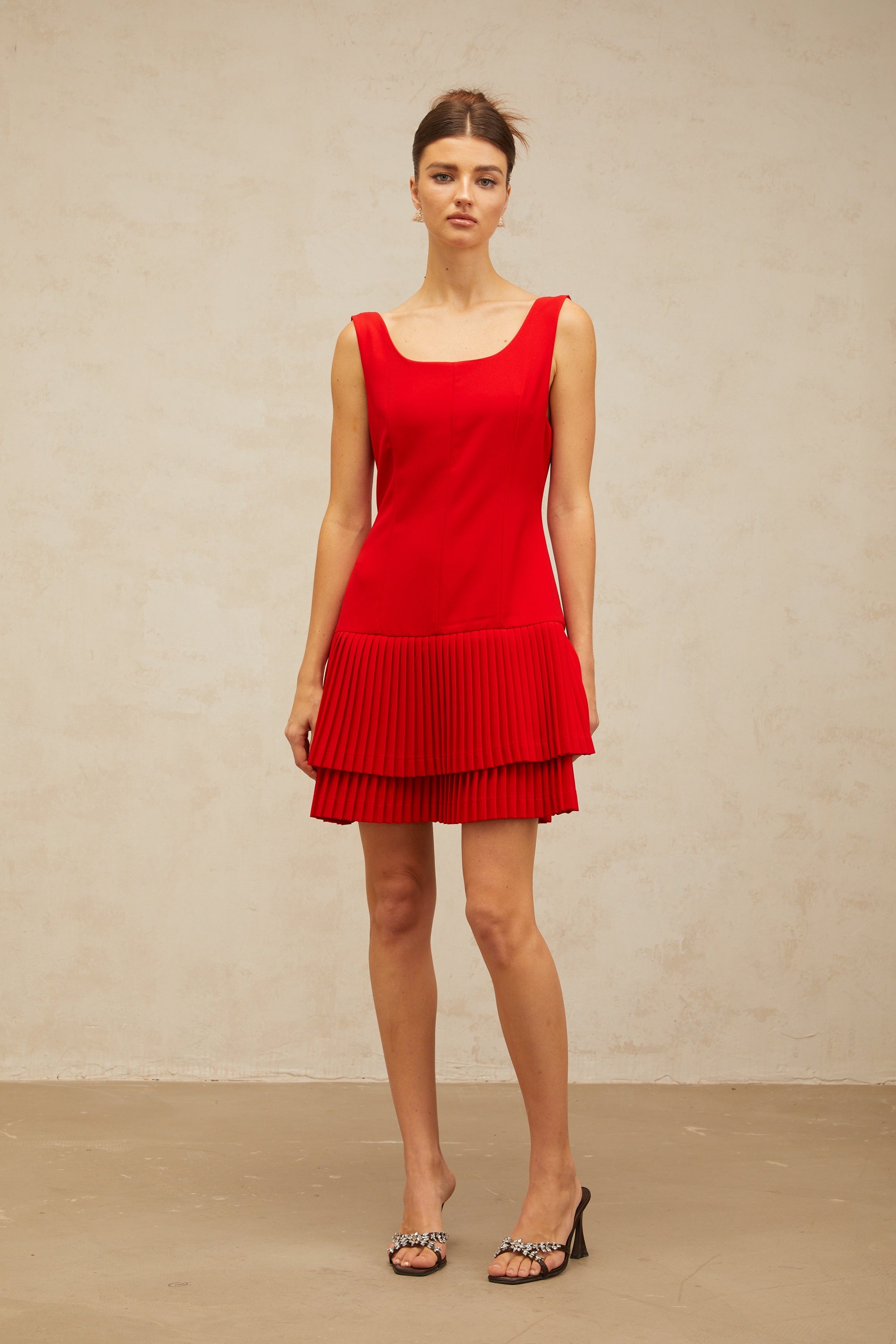 Natacha red pleated layered mini dress