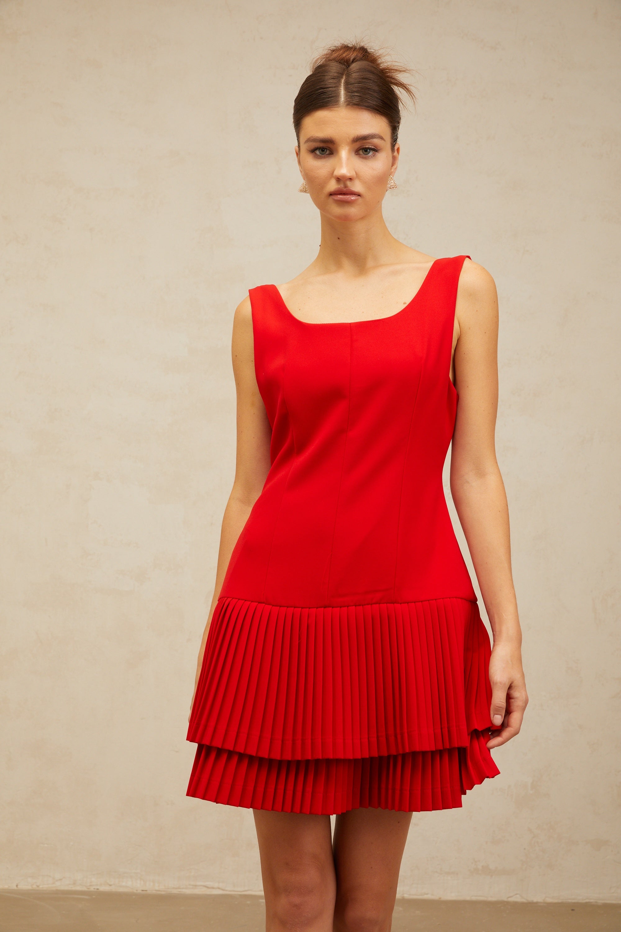 Natacha red pleated layered mini dress