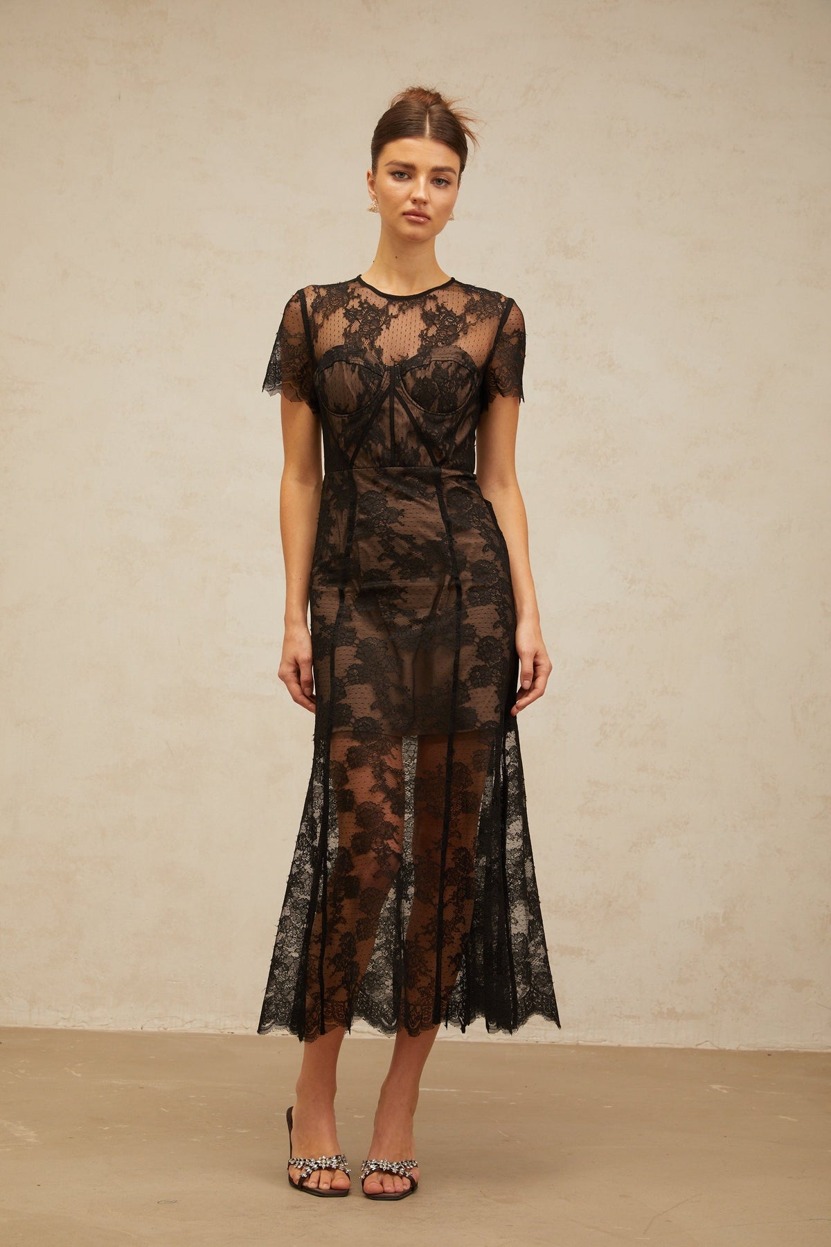 Célia floral-lace midi dress in Black