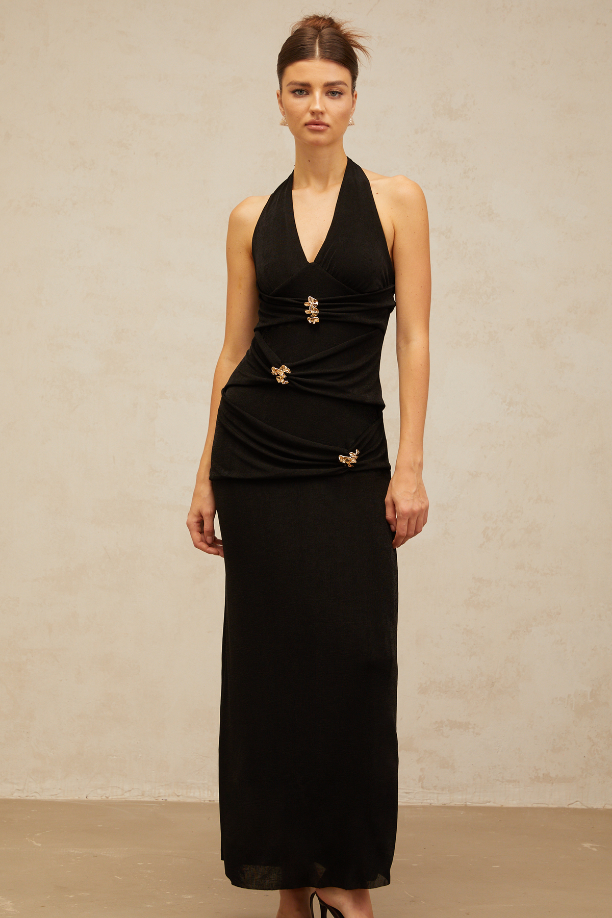 Bruyère black ruched halterneck maxi dress