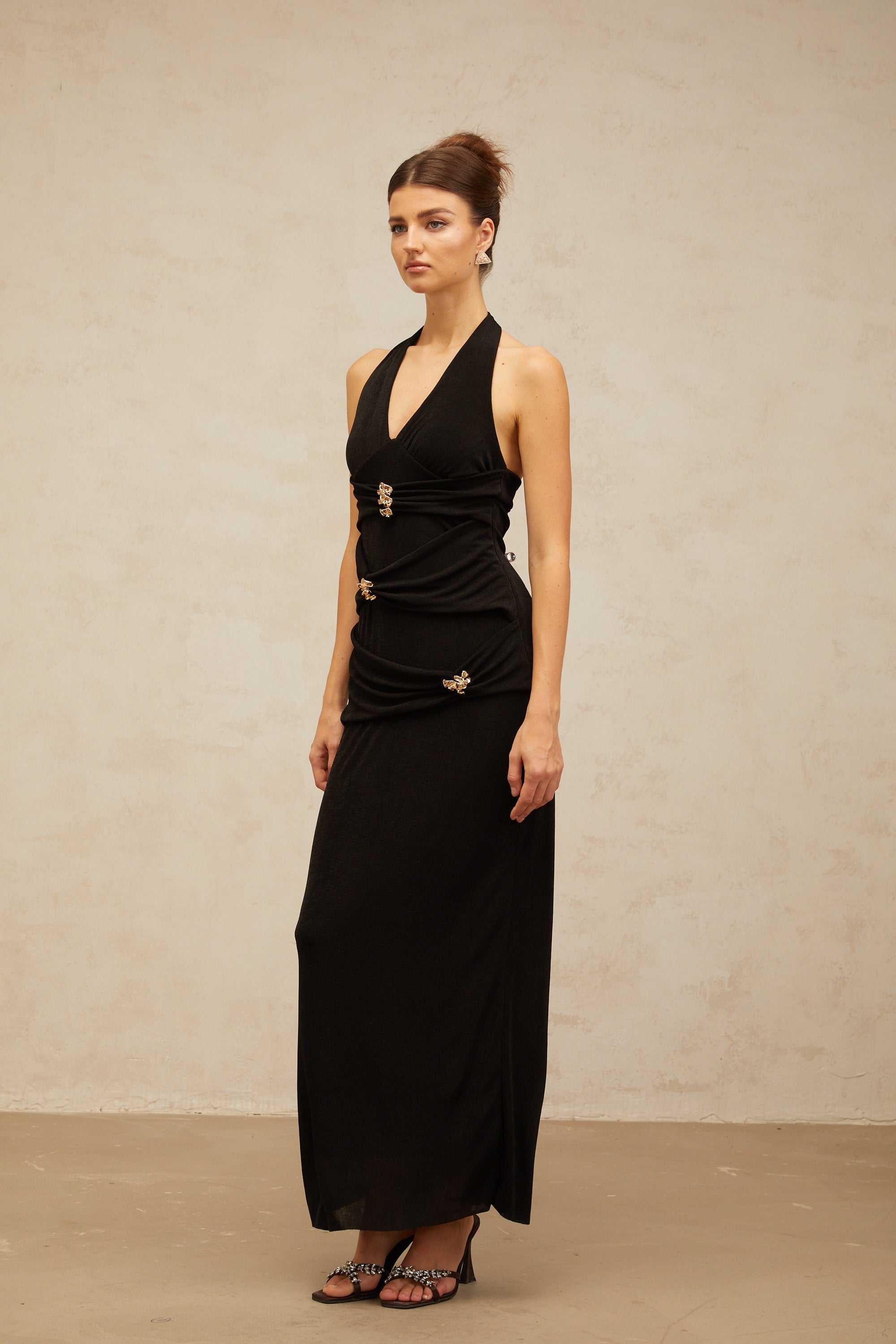 Bruyère black ruched halterneck maxi dress