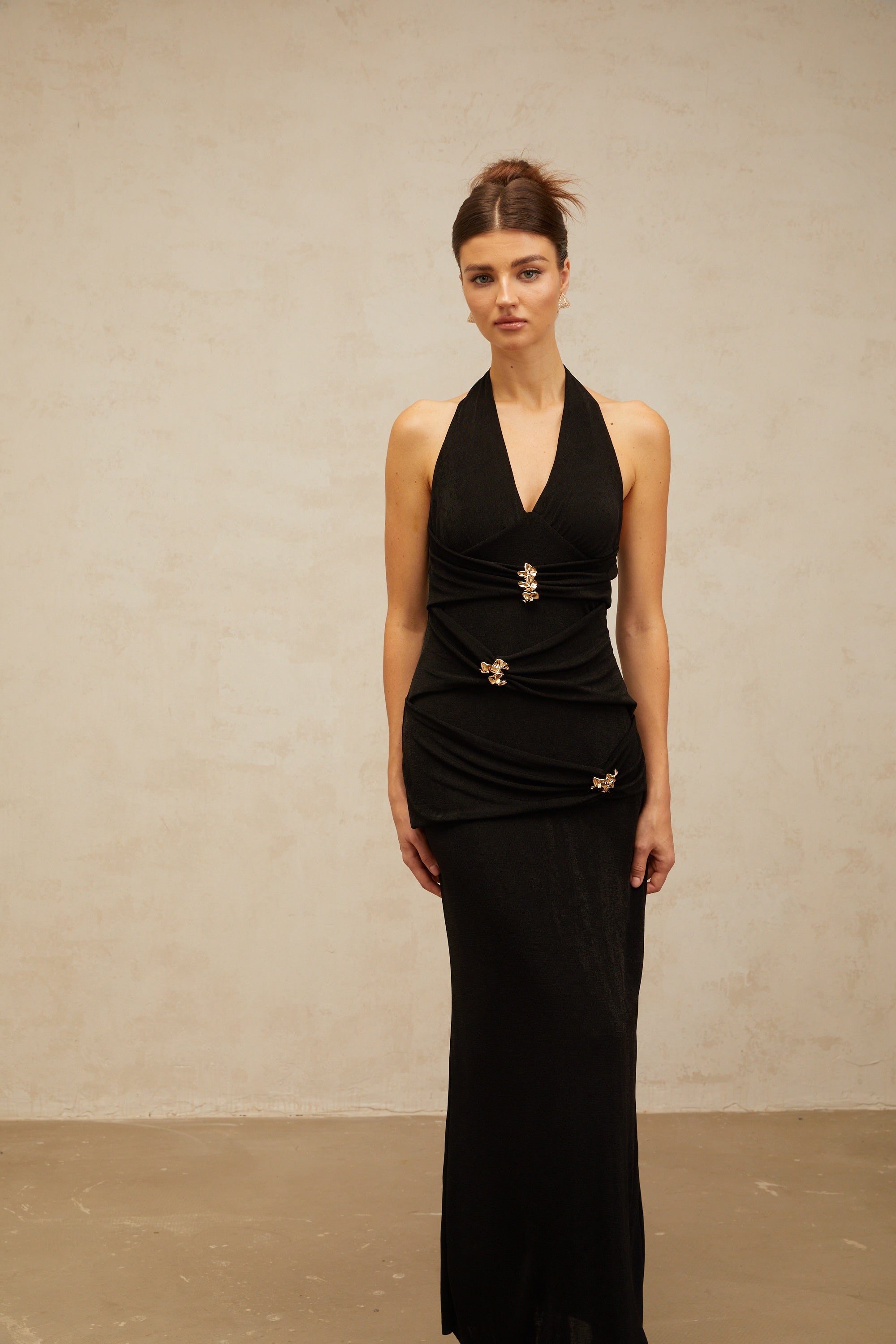 Bruyère black ruched halterneck maxi dress