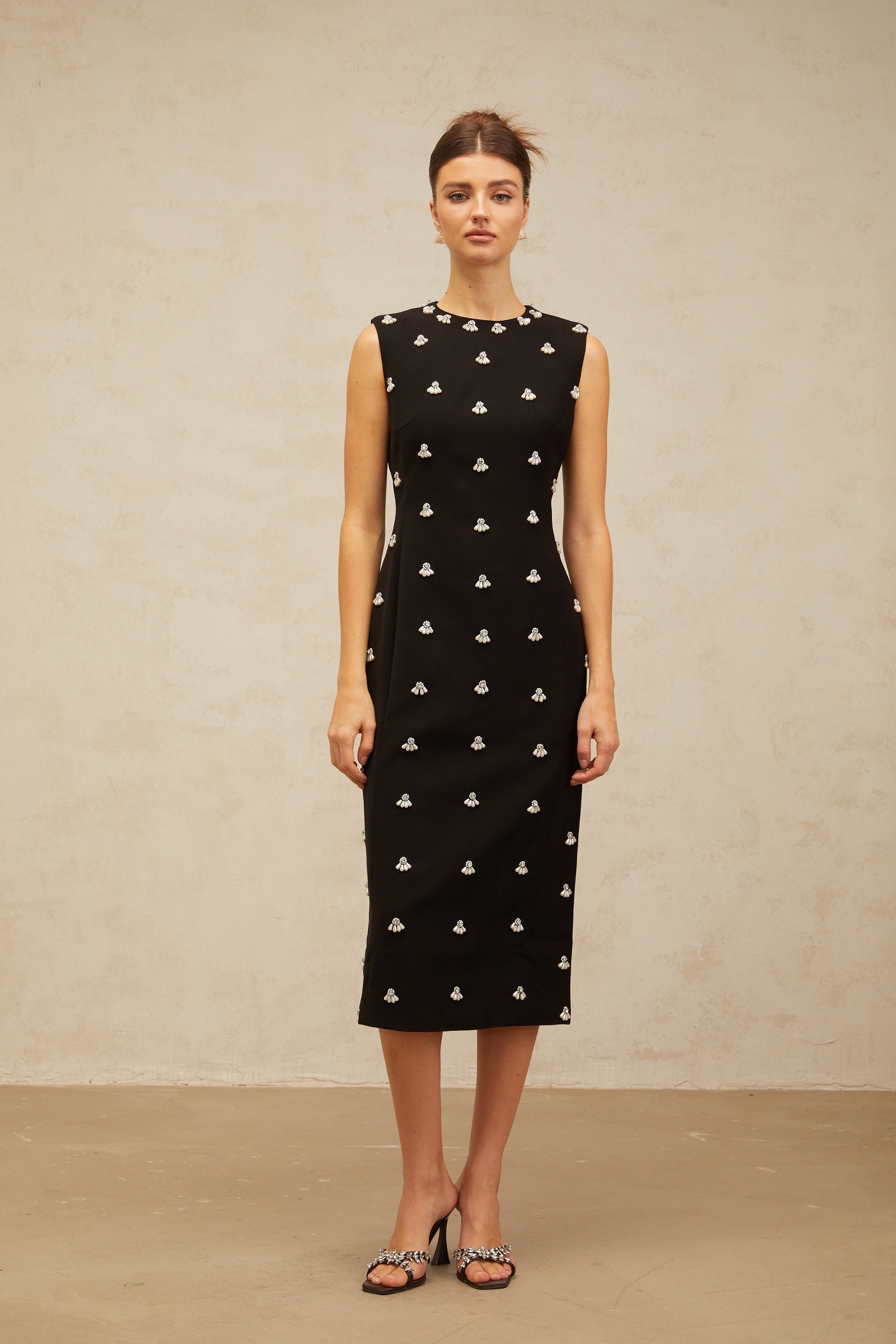 Xaviera black beaded tube midi dress