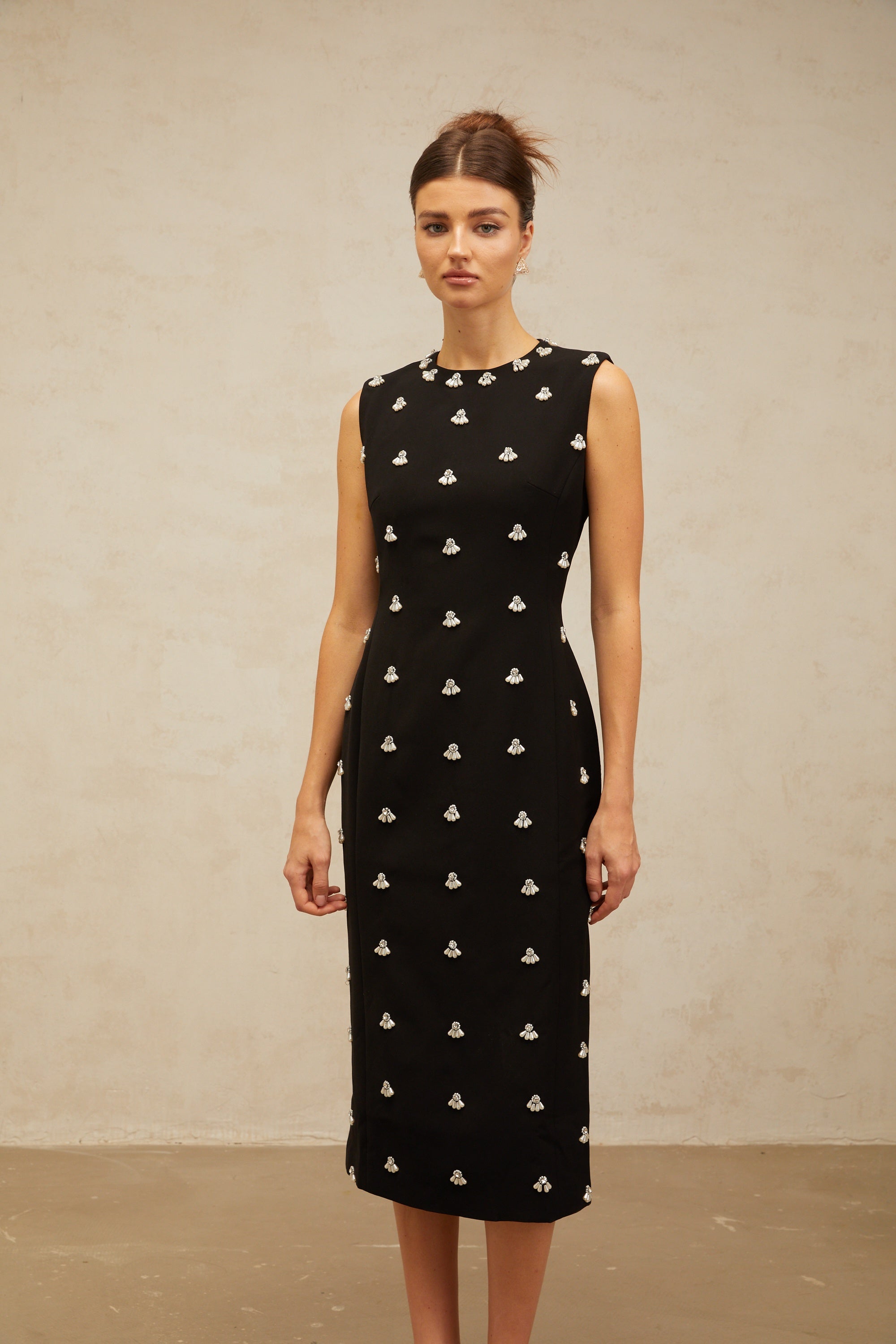 Xaviera black beaded tube midi dress