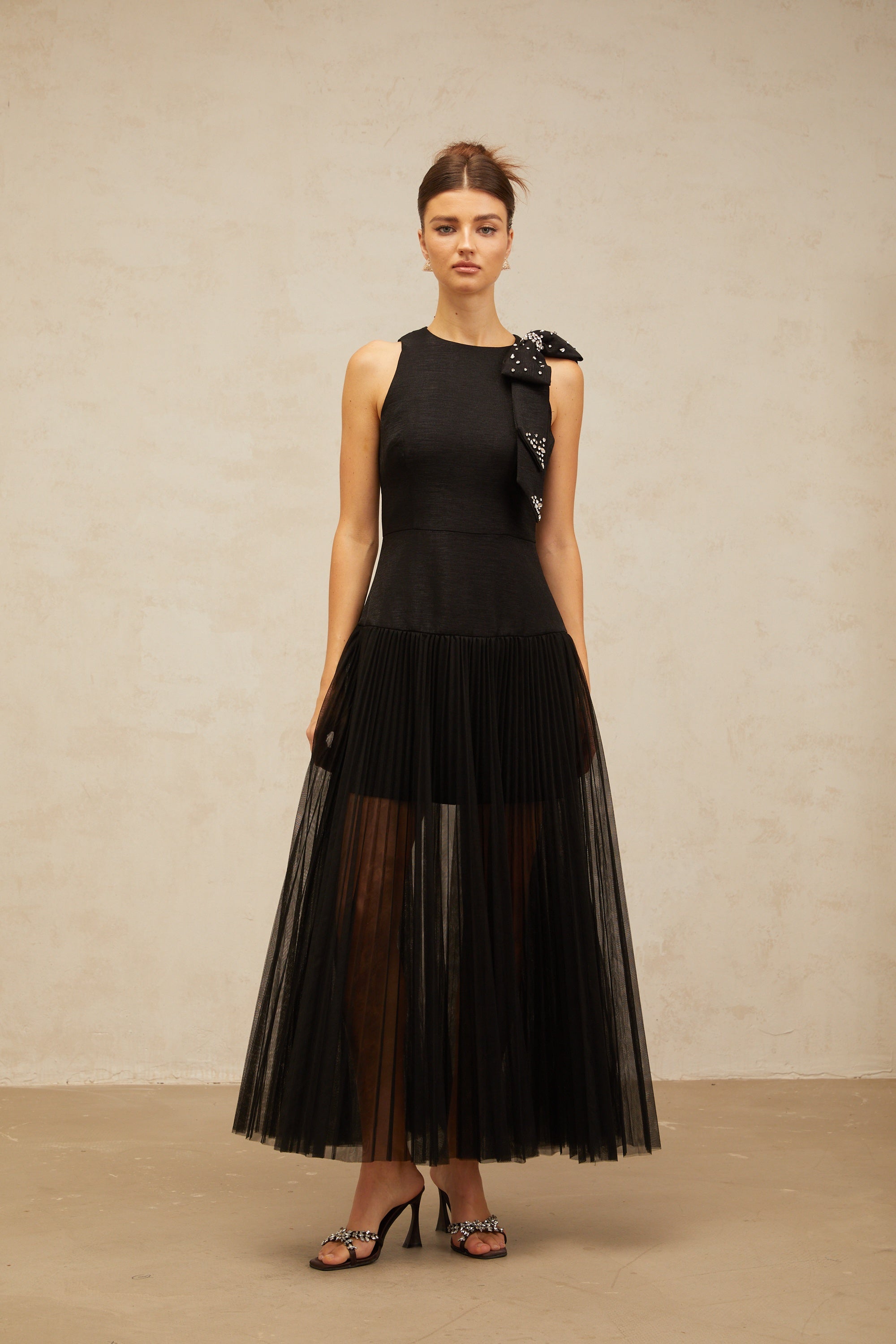 Thérèse bowknot tulle-panelling midi dress in Black