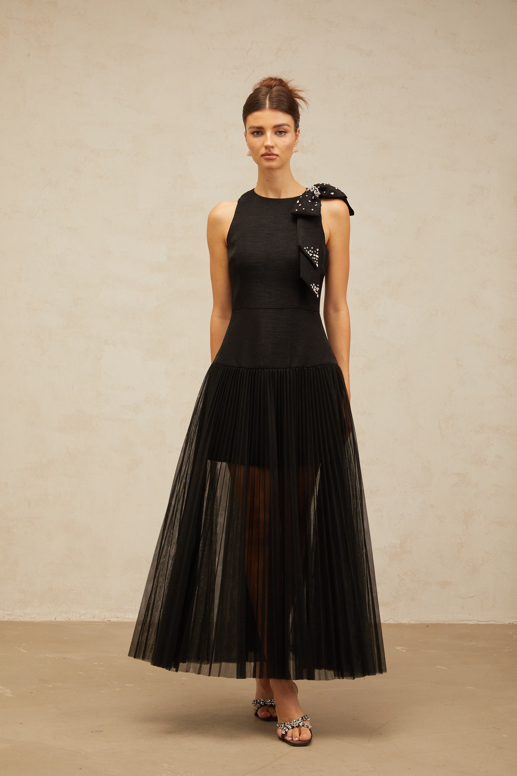 Thérèse bowknot tulle-panelling midi dress in Black