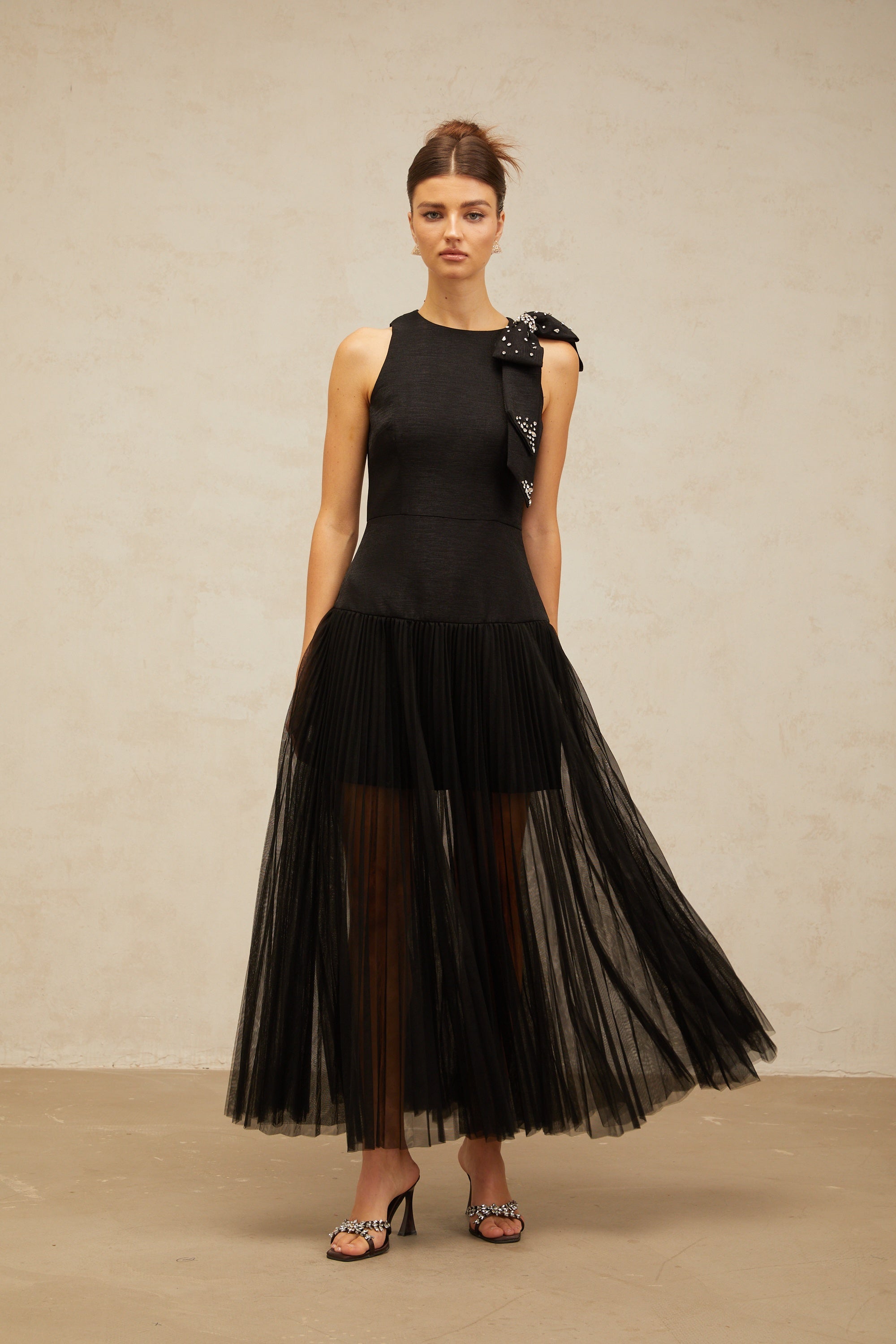 Thérèse bowknot tulle-panelling midi dress in Black