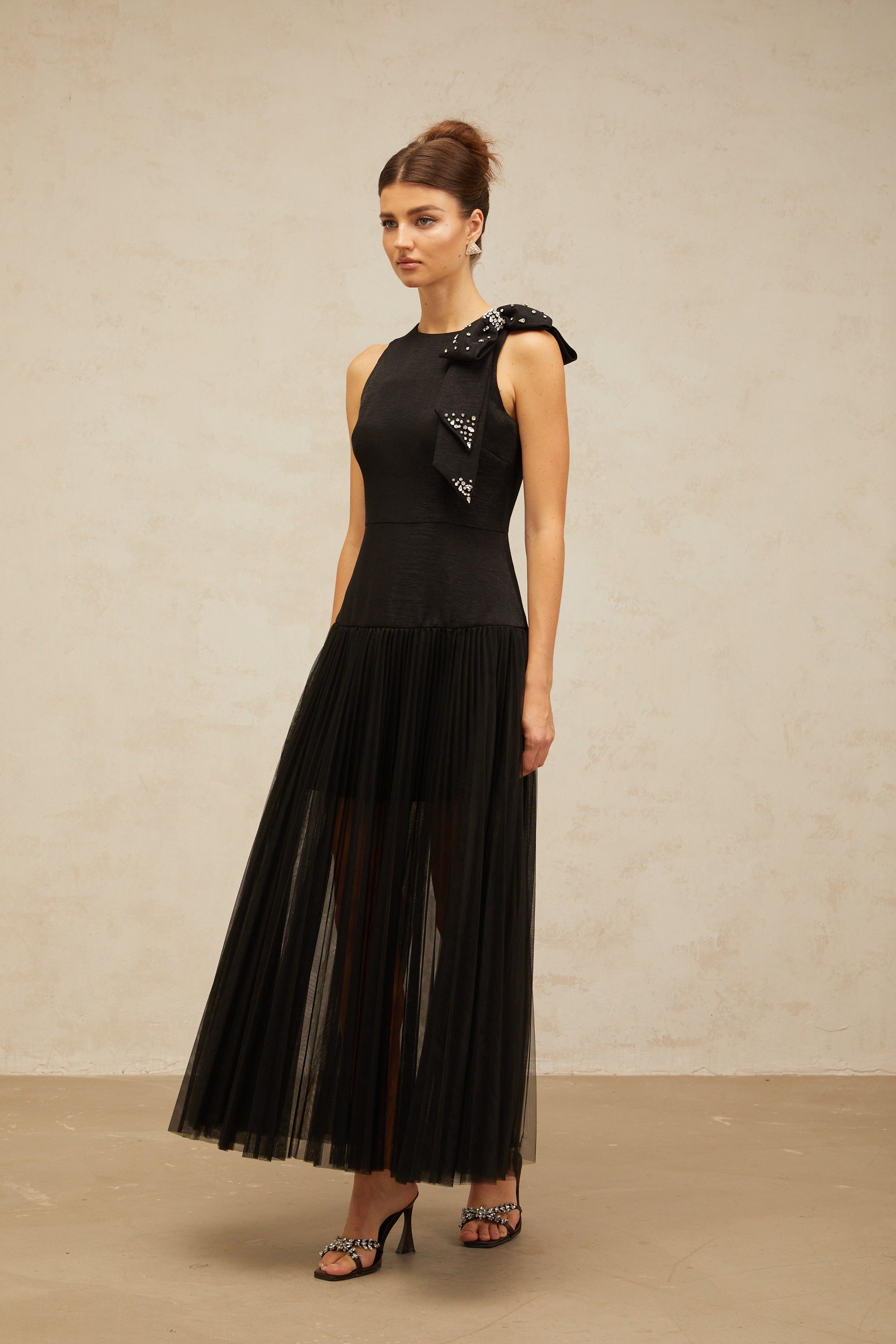 Thérèse bowknot tulle-panelling midi dress in Black
