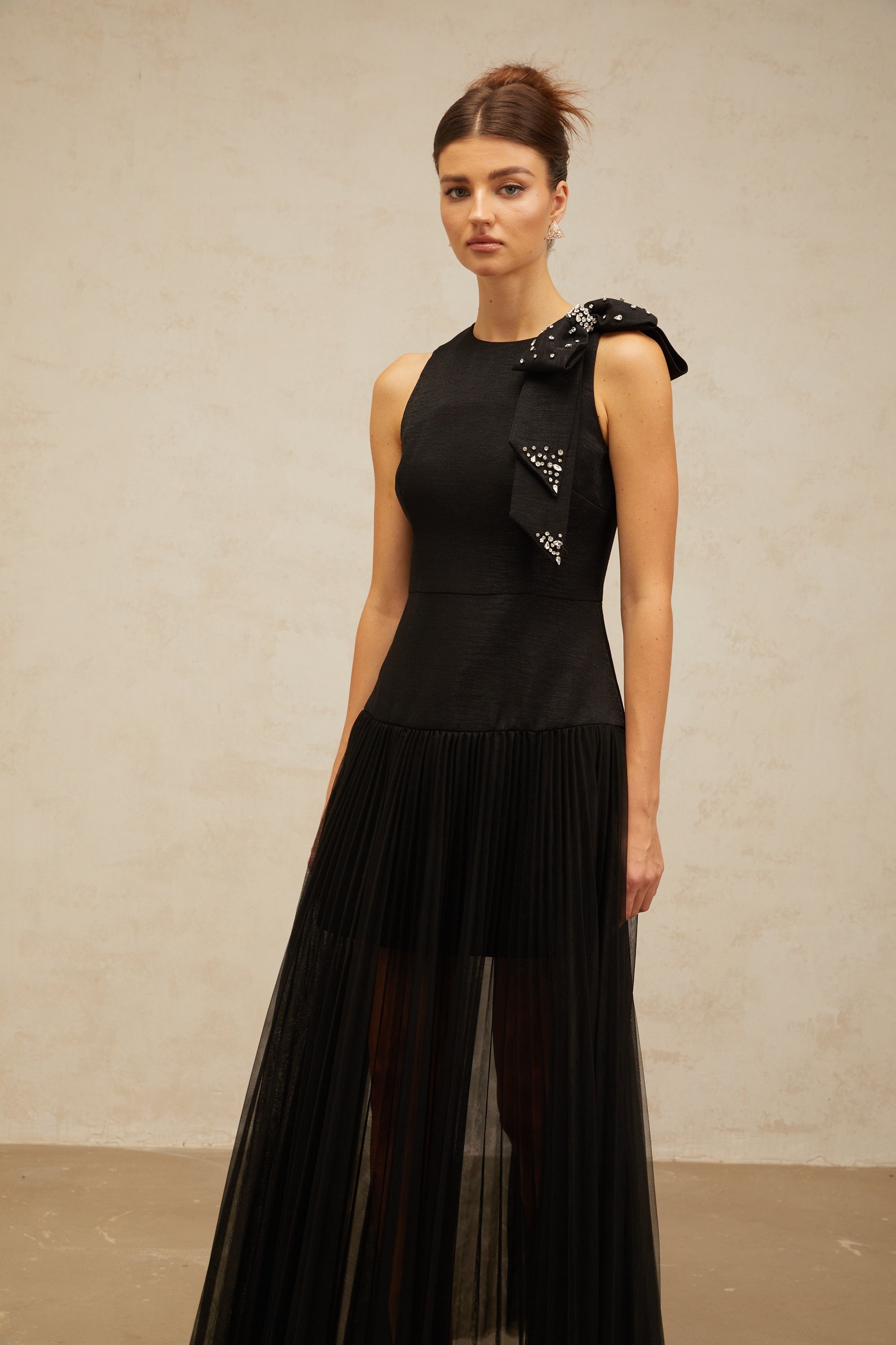 Thérèse bowknot tulle-panelling midi dress in Black