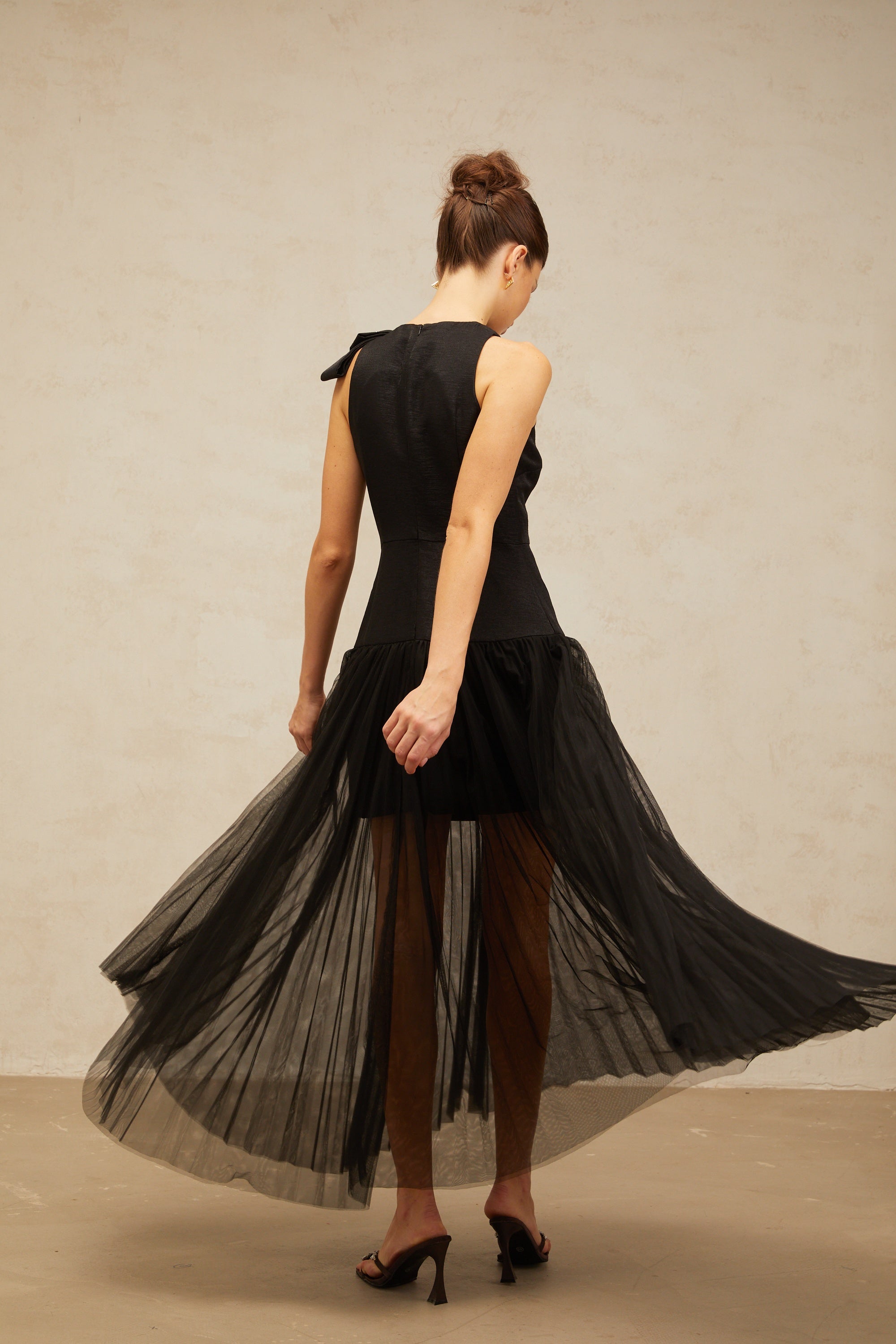 Thérèse bowknot tulle-panelling midi dress in Black