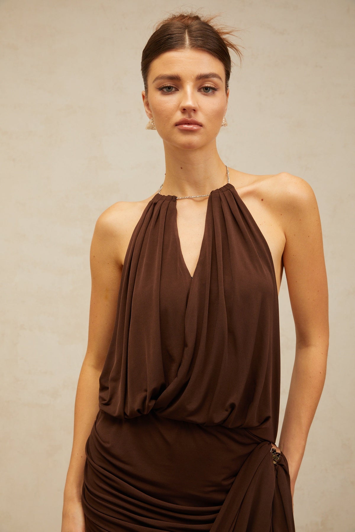 Zelda brown chain-link ruched mini dress