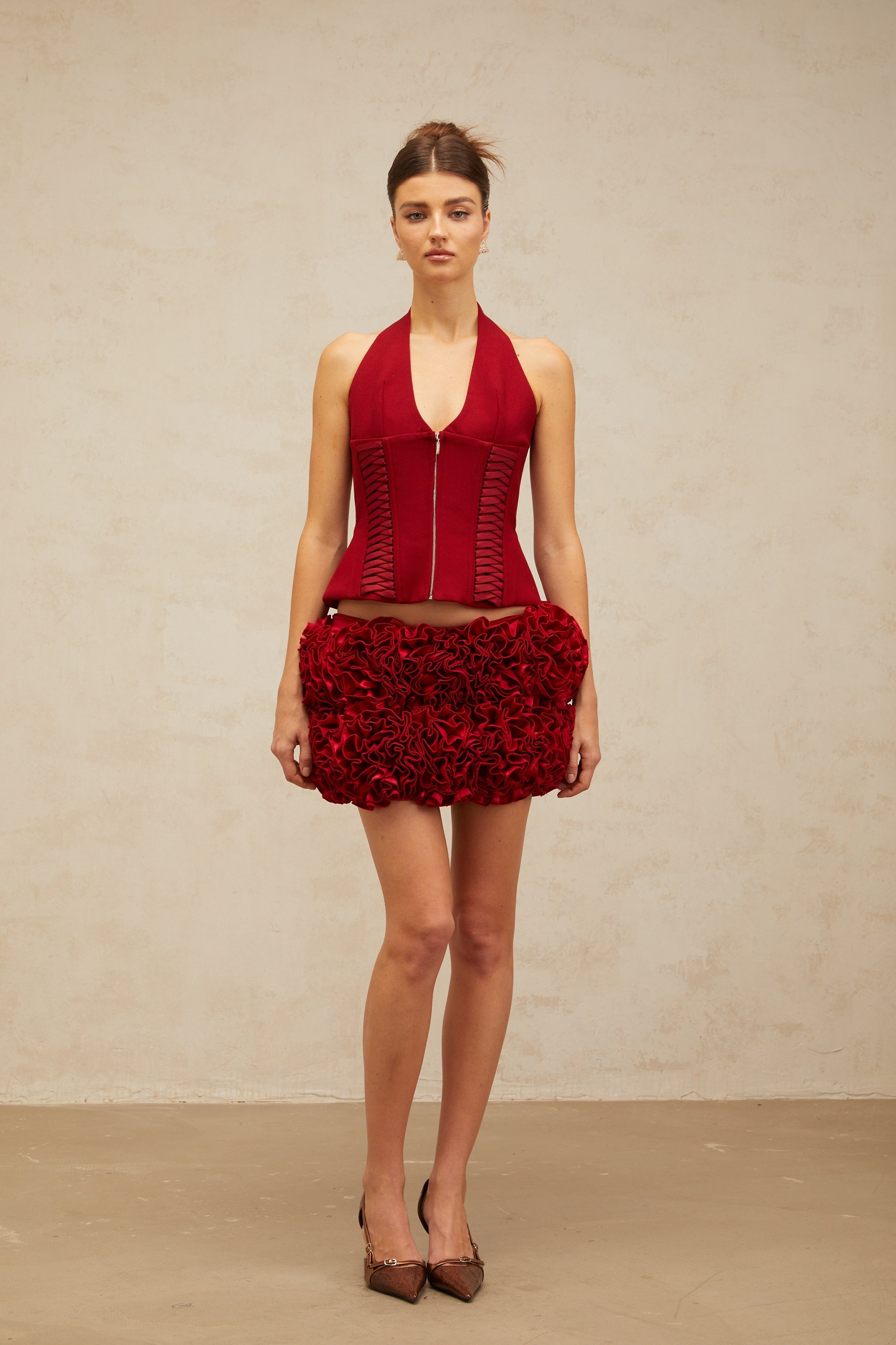 Paloma red halterneck lace-up top