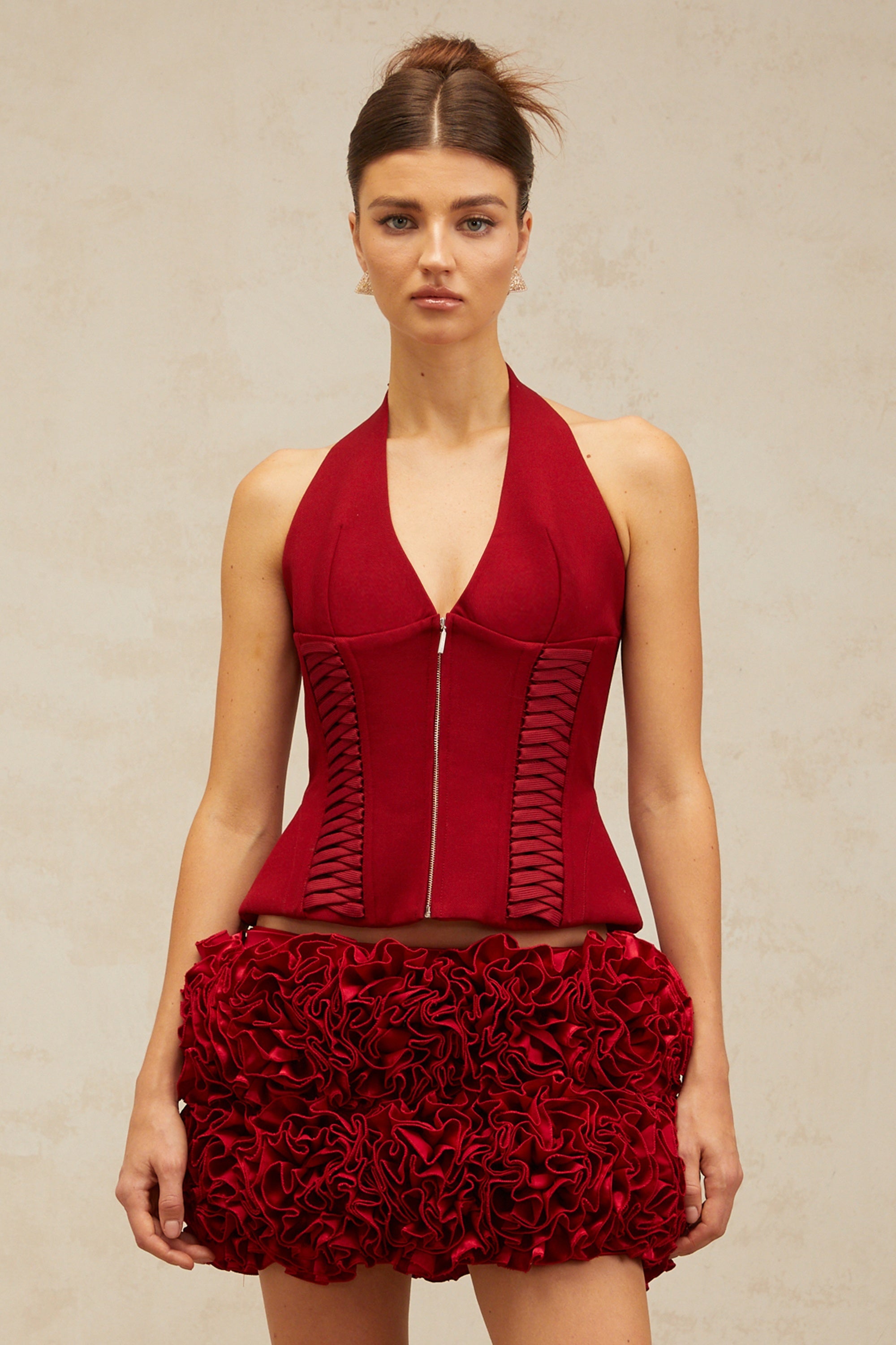 Paloma red halterneck lace-up top (Final Sale)