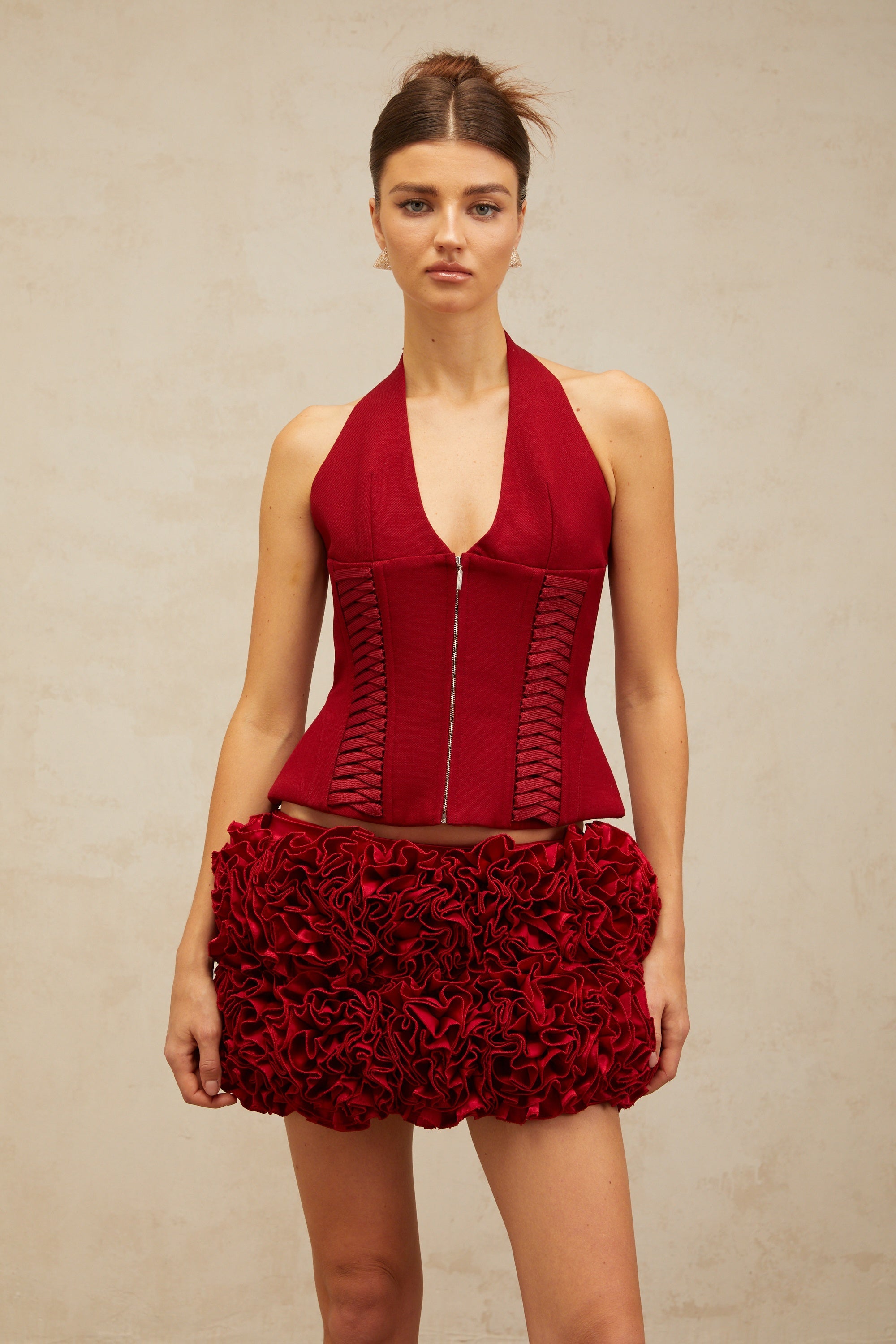 Paloma red halterneck lace-up top