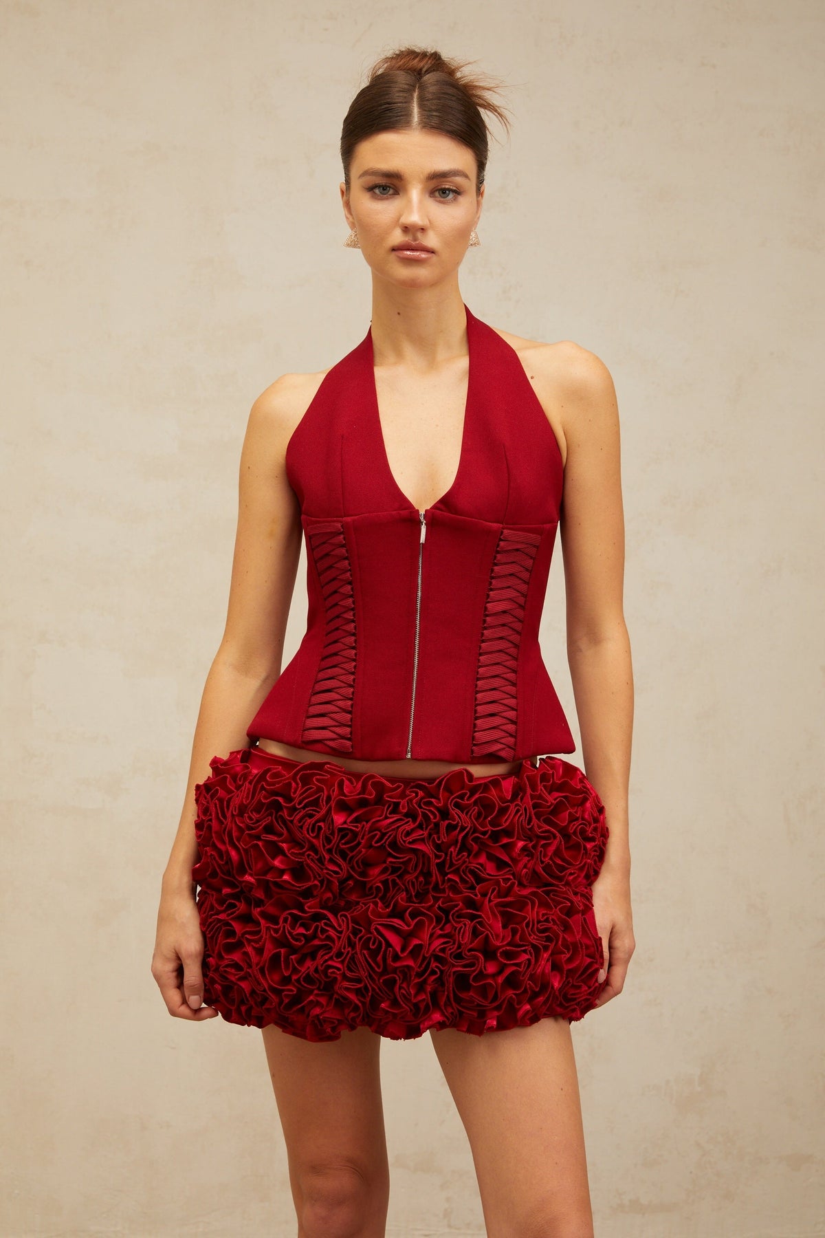 Paloma red halterneck lace-up top