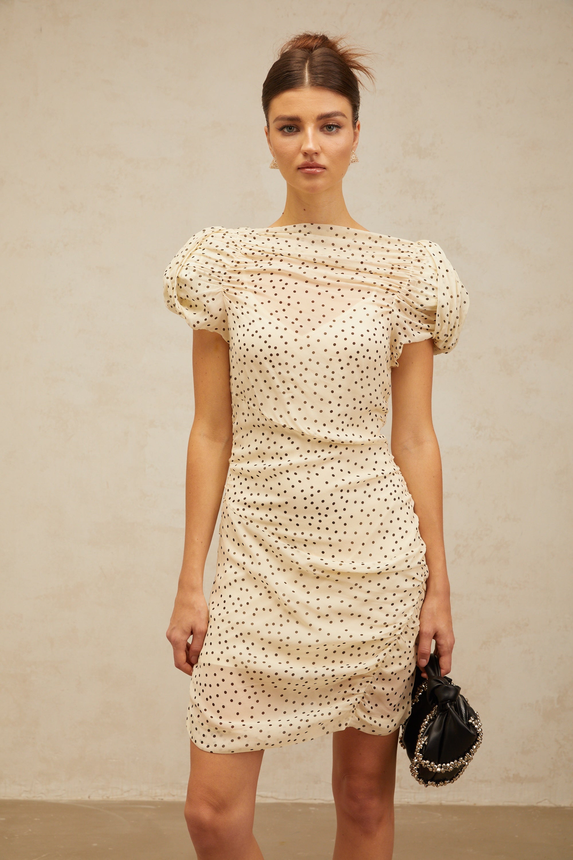 Dulcie neutrals polka-dot smocked mini dress