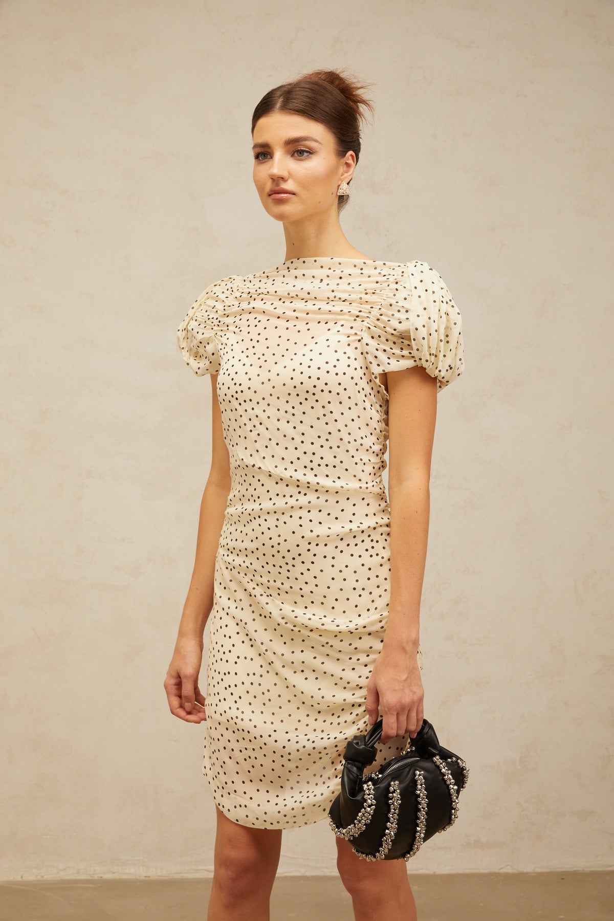 Dulcie neutrals polka-dot smocked mini dress
