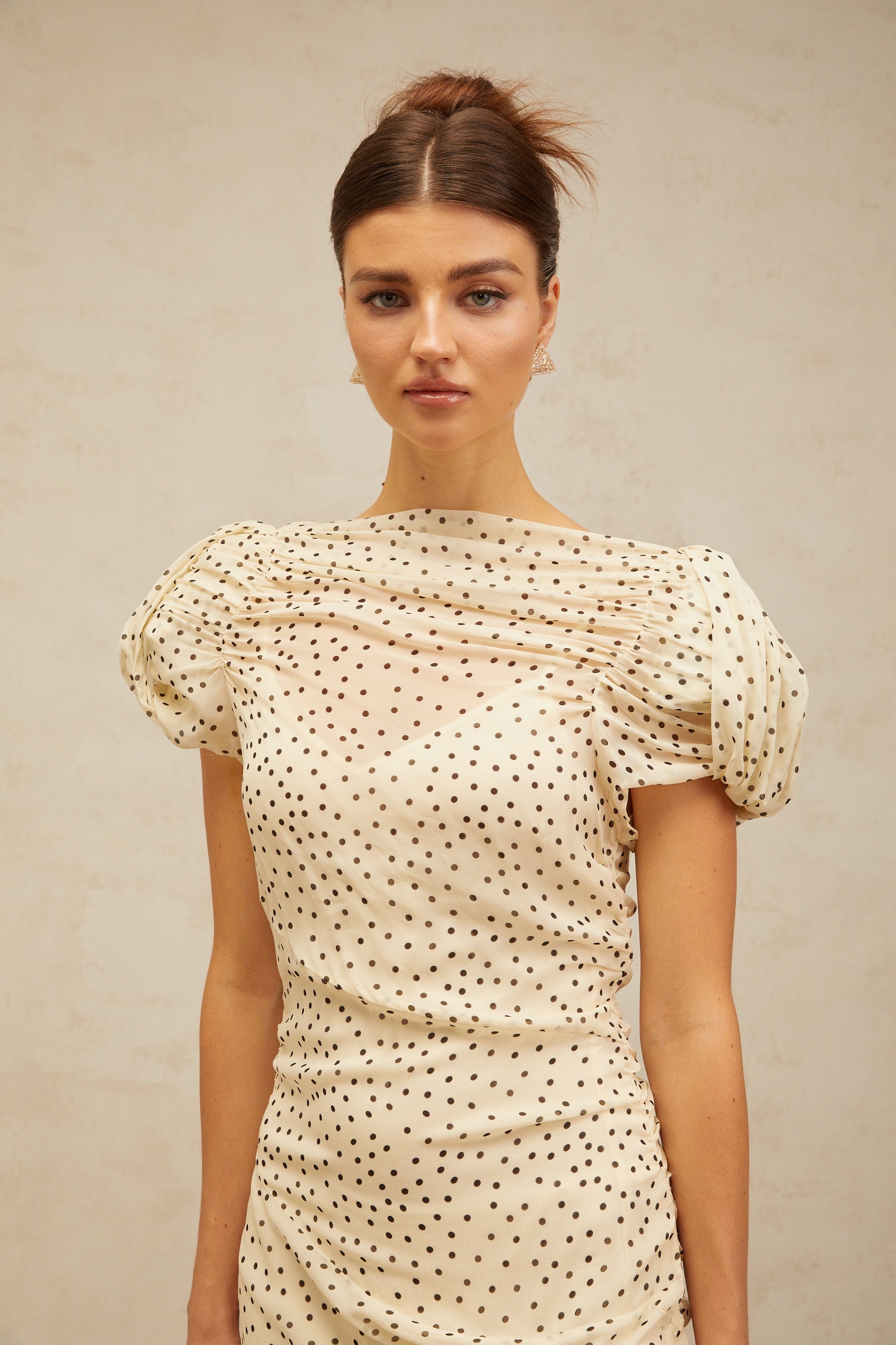Dulcie neutrals polka-dot smocked mini dress