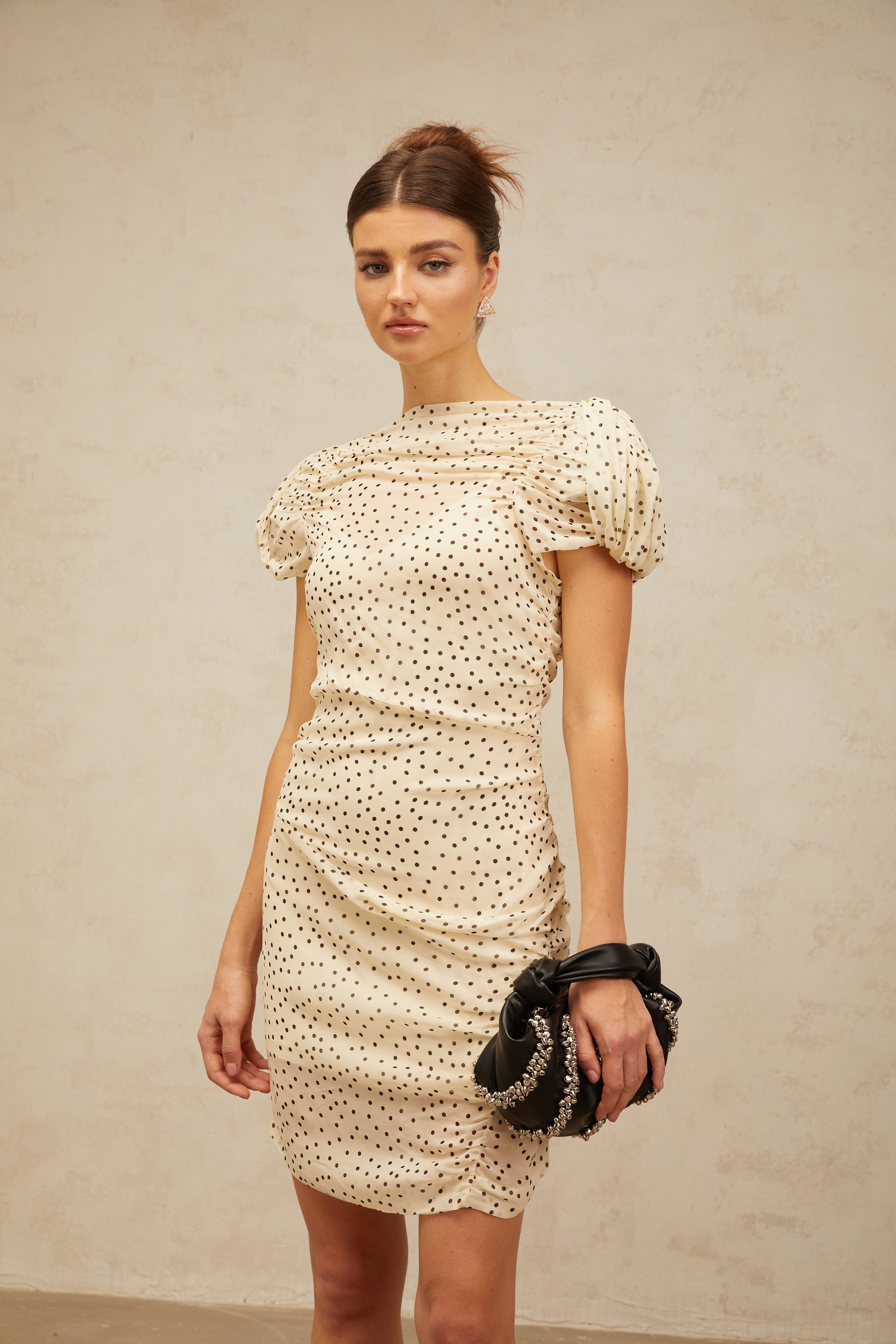 Dulcie neutrals polka-dot smocked mini dress