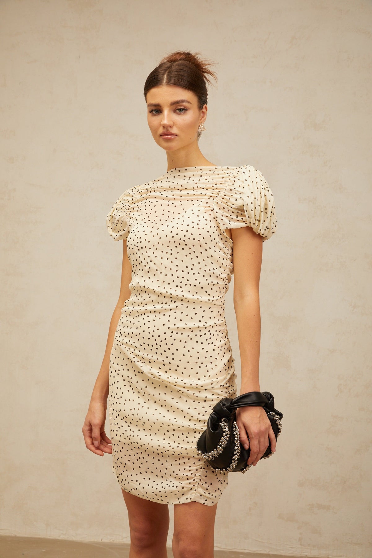Dulcie neutrals polka-dot smocked mini dress