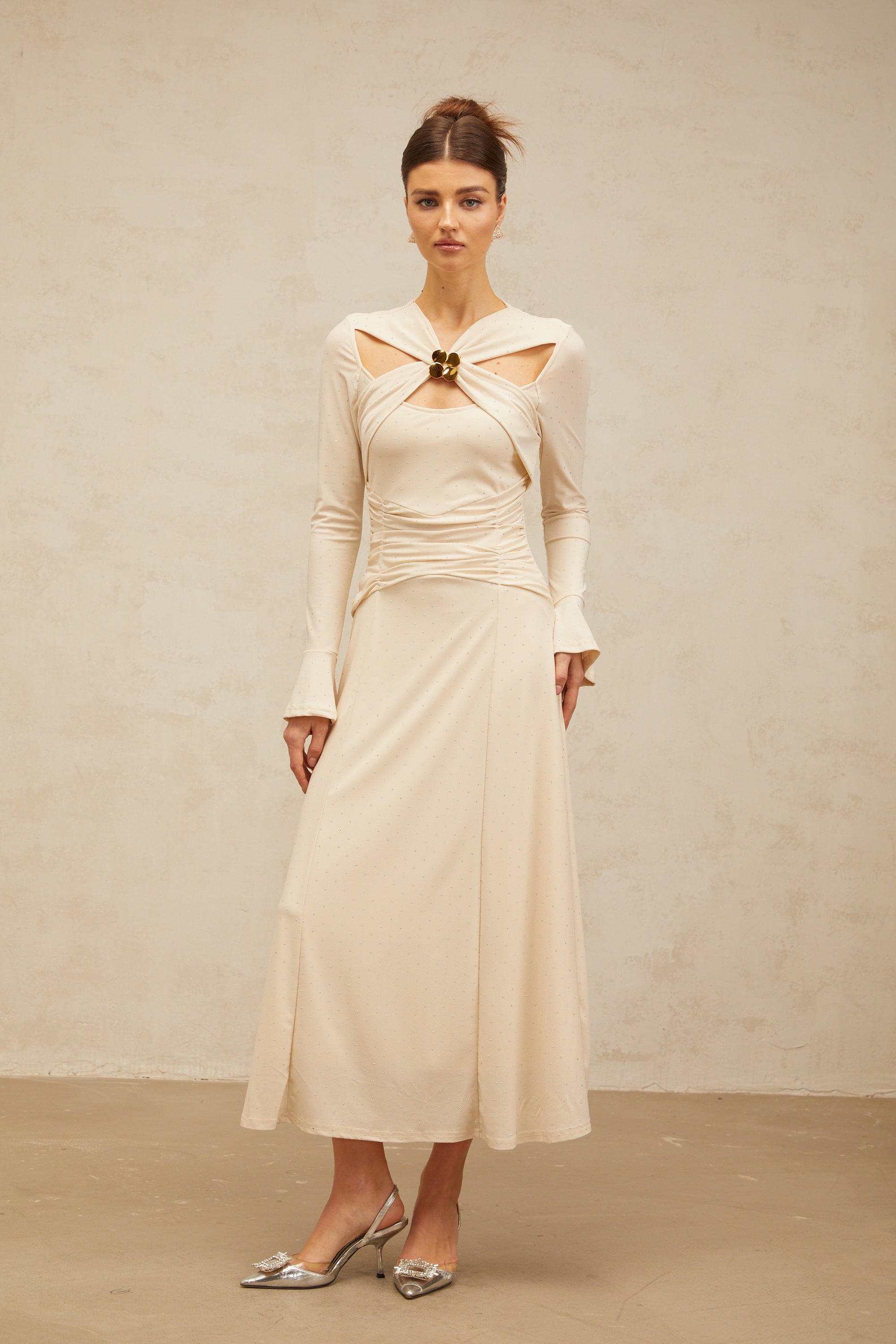 Capucine neutrals cross-over embellished midi dress
