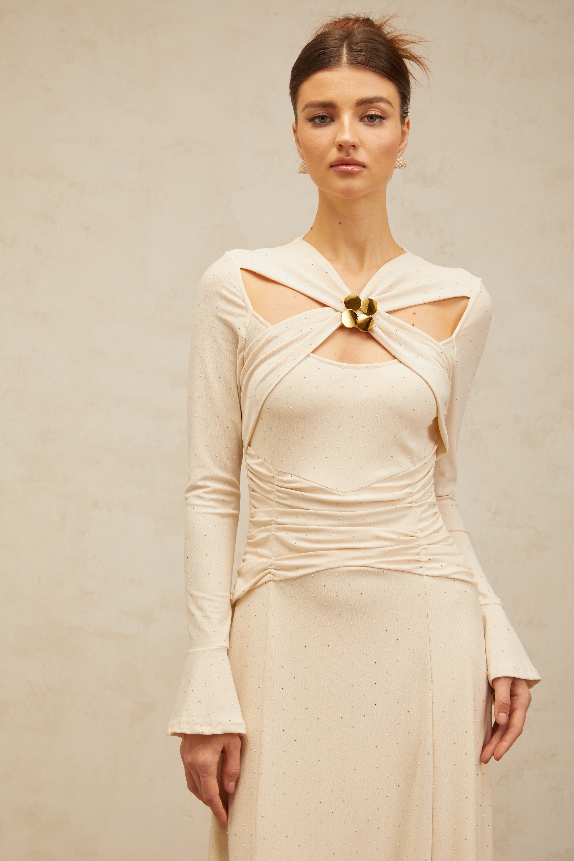 Capucine neutrals cross-over embellished midi dress