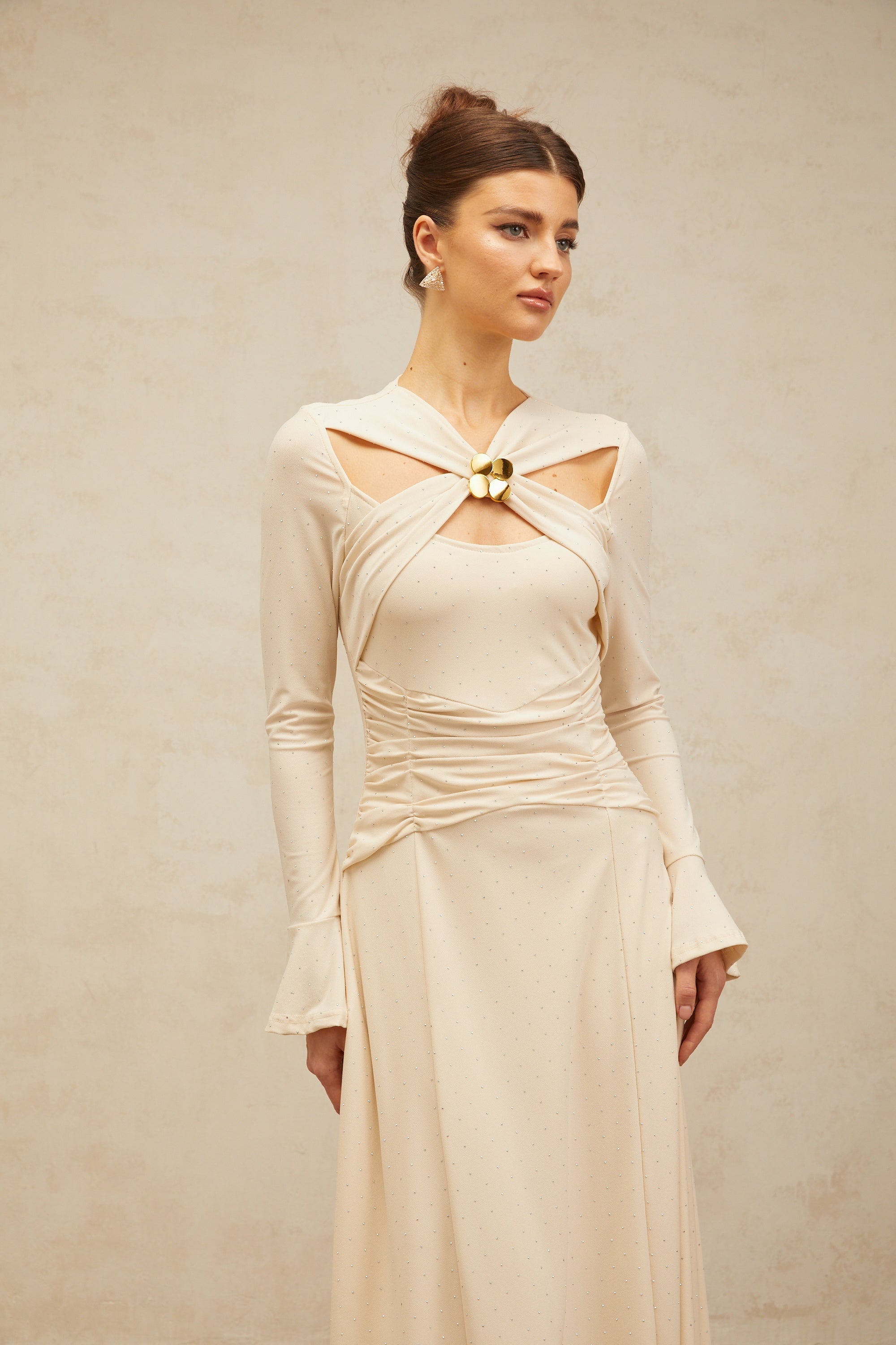 Capucine neutrals cross-over embellished midi dress