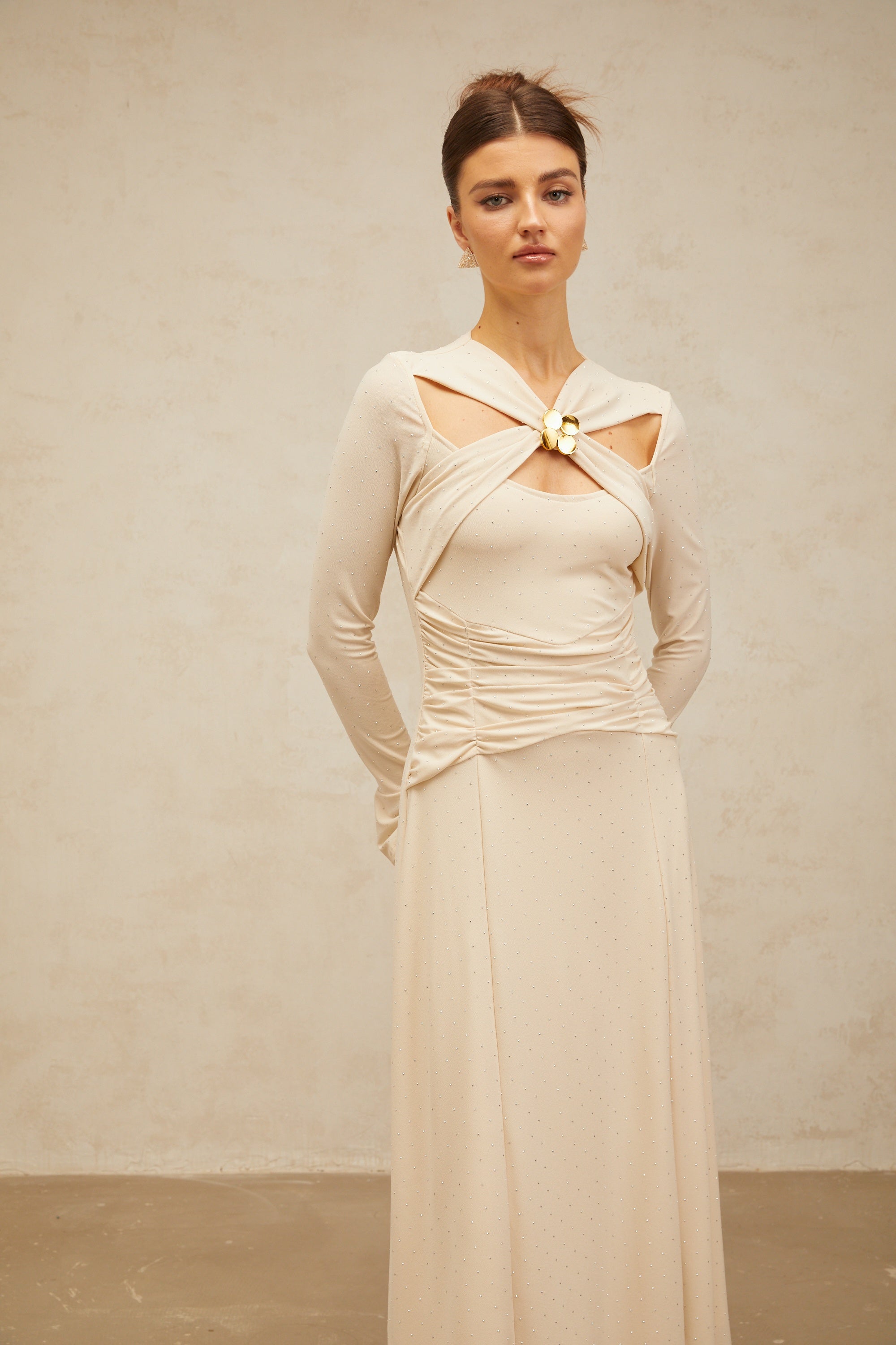 Capucine neutrals cross-over embellished midi dress