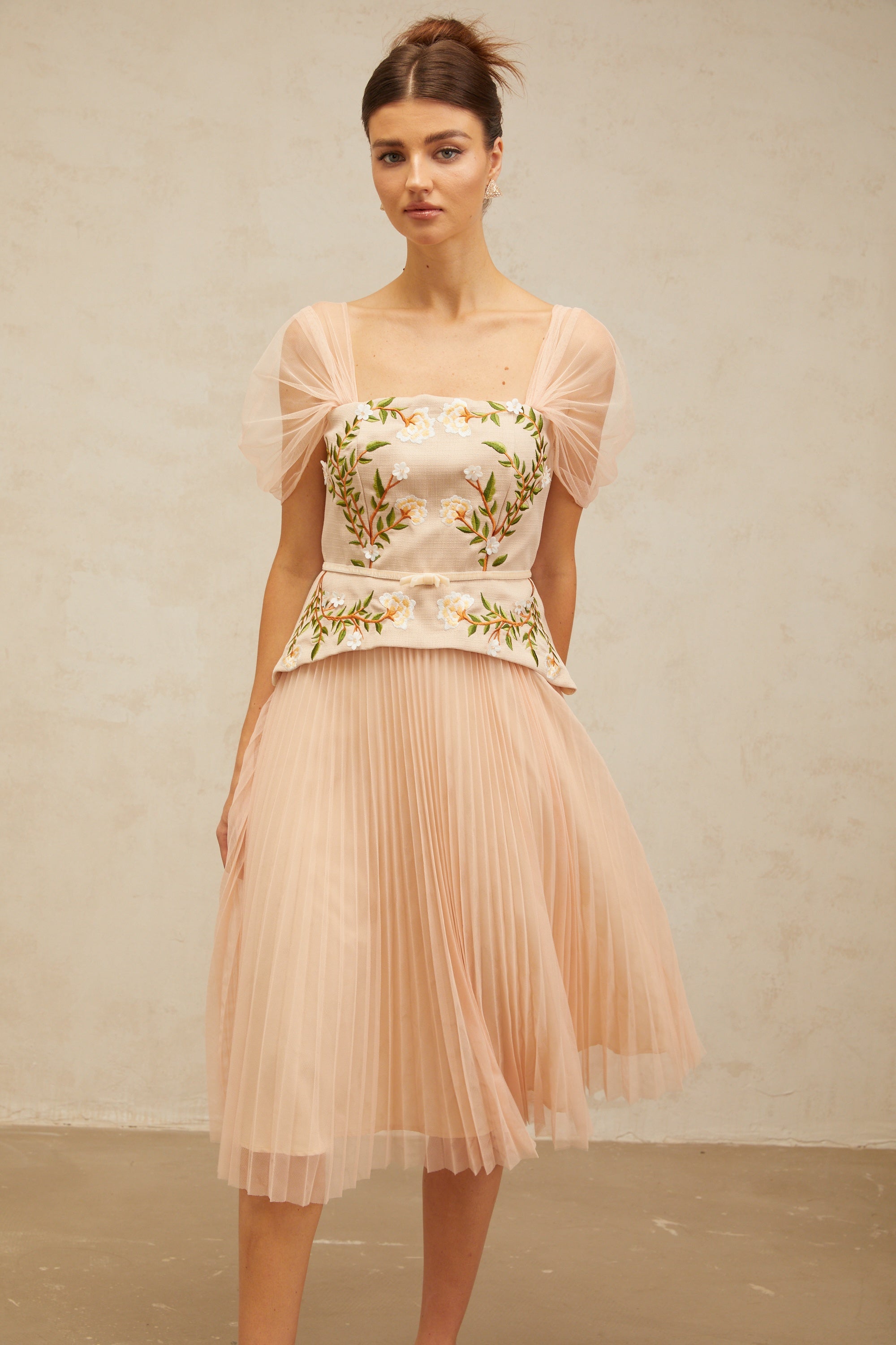 Anaëlle pink-beige flower-embroidered tulle midi dress