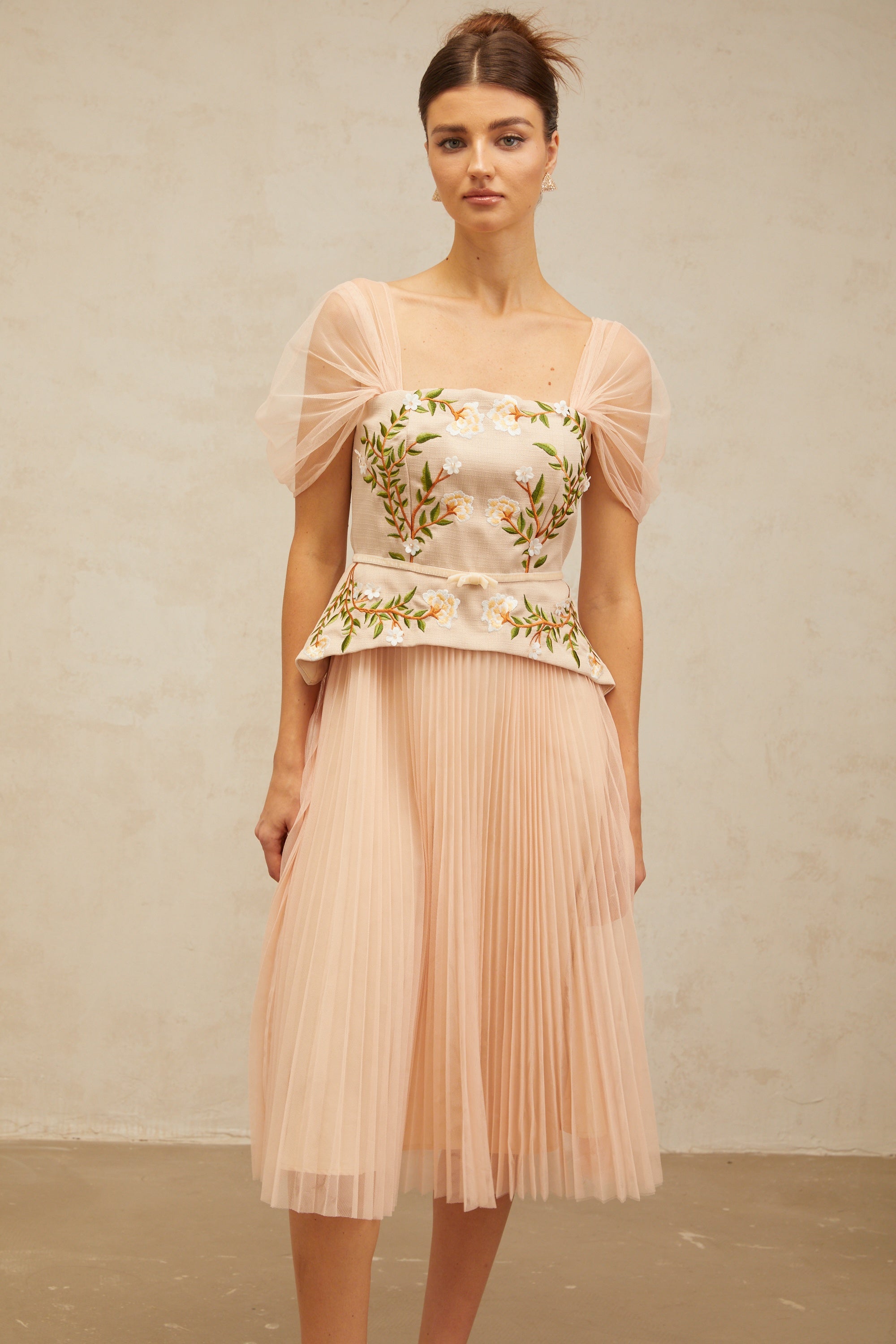 Anaëlle pink-beige flower-embroidered tulle midi dress