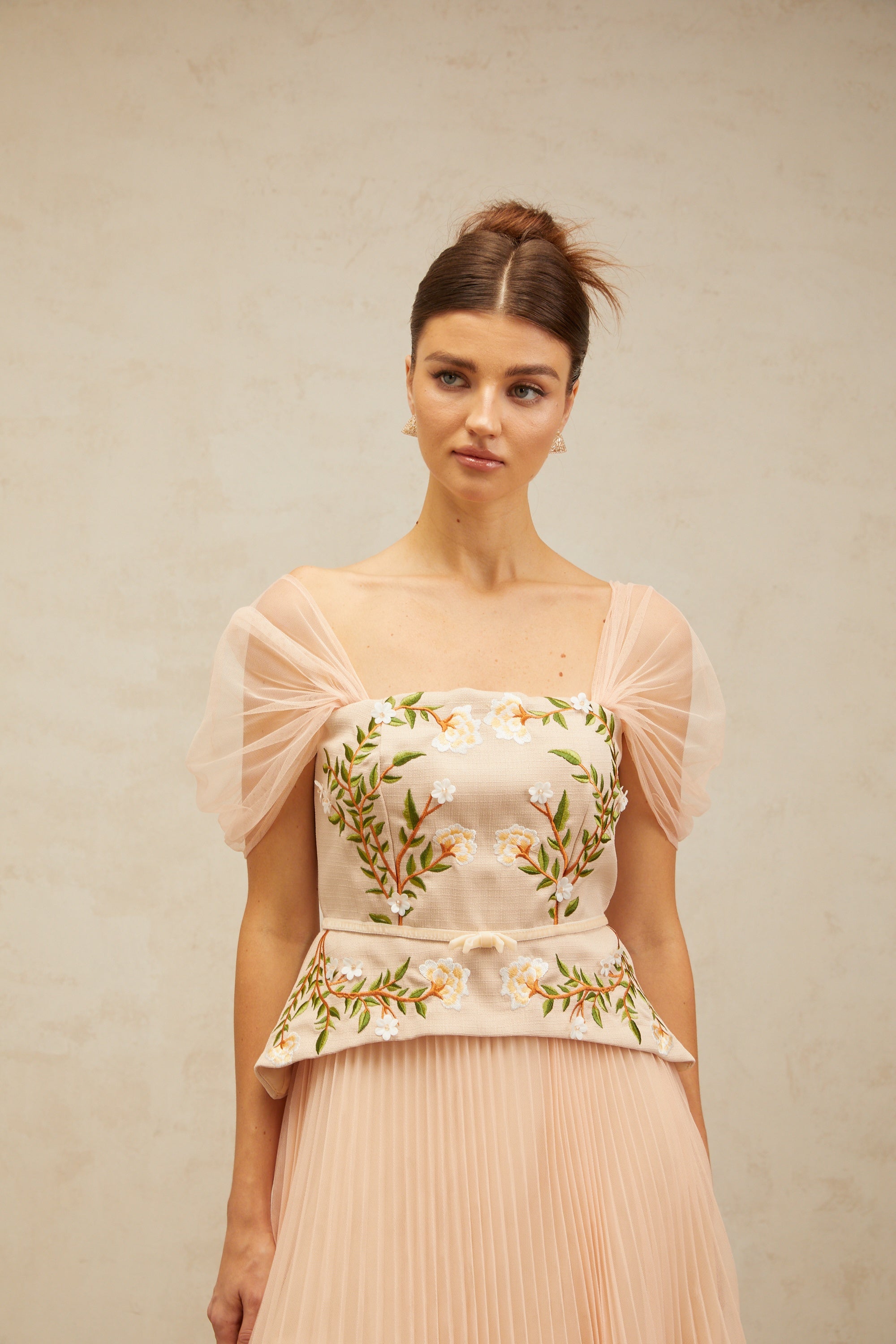 Anaëlle pink-beige flower-embroidered tulle midi dress