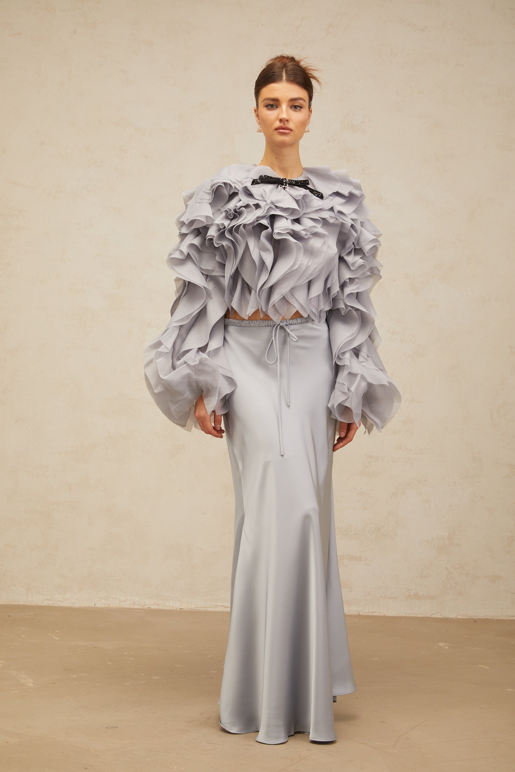 Zelda haze-blue bowknot ruffled blouse & skirt matching set