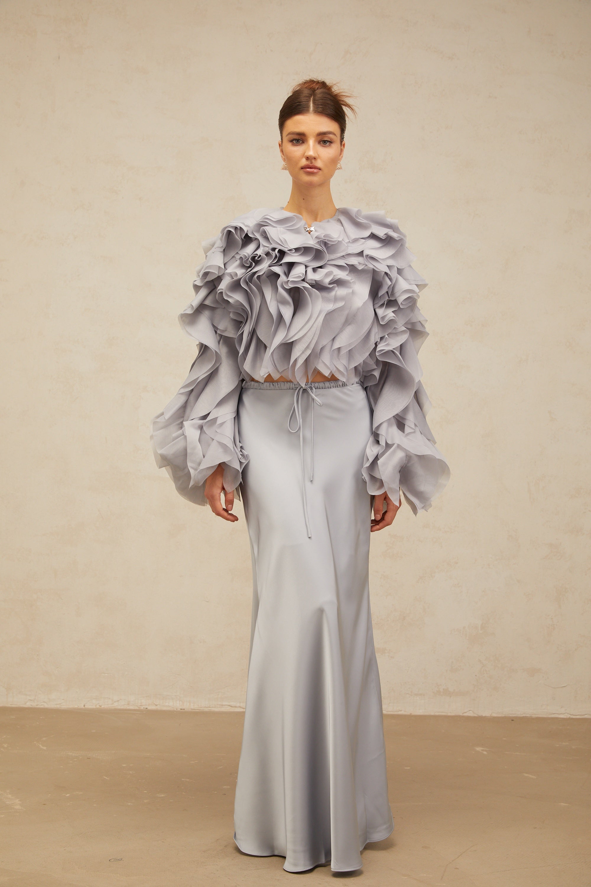 Zelda haze-blue bowknot ruffled blouse & skirt matching set