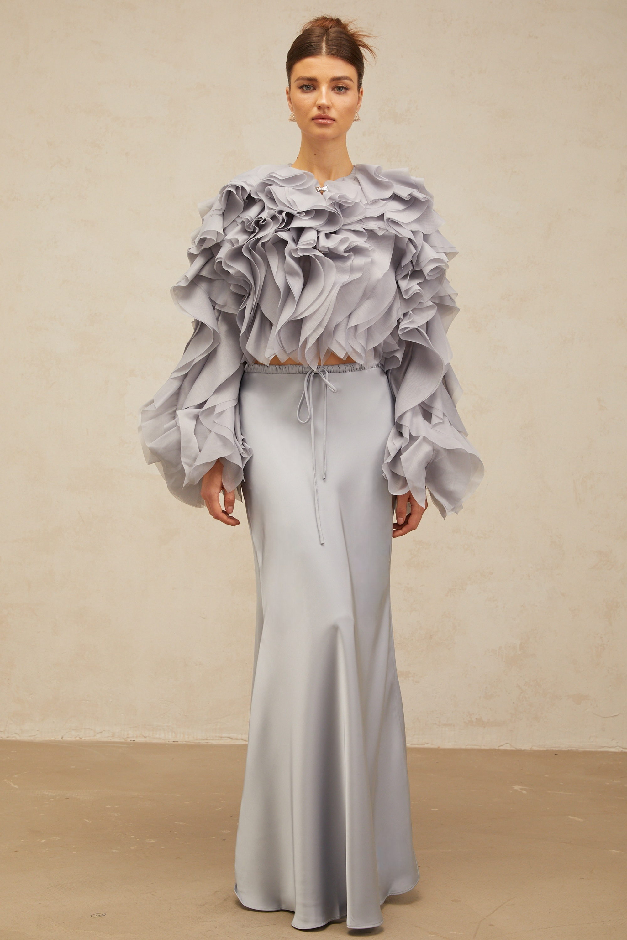Zelda haze-blue bowknot ruffled blouse & skirt matching set