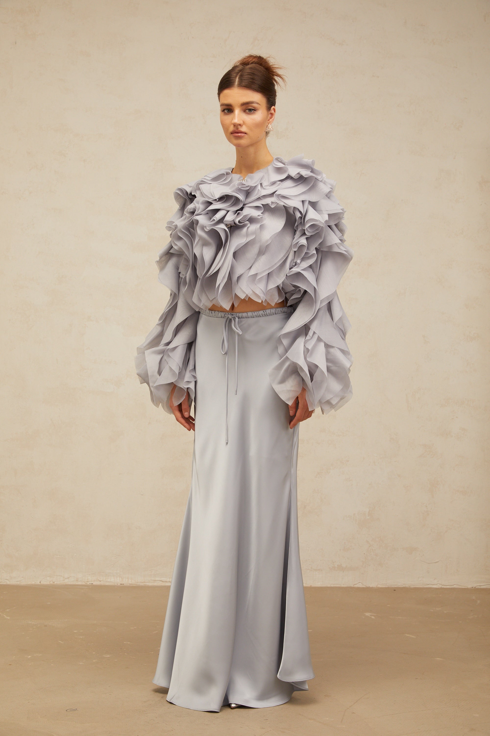 Zelda haze-blue bowknot ruffled blouse & skirt matching set