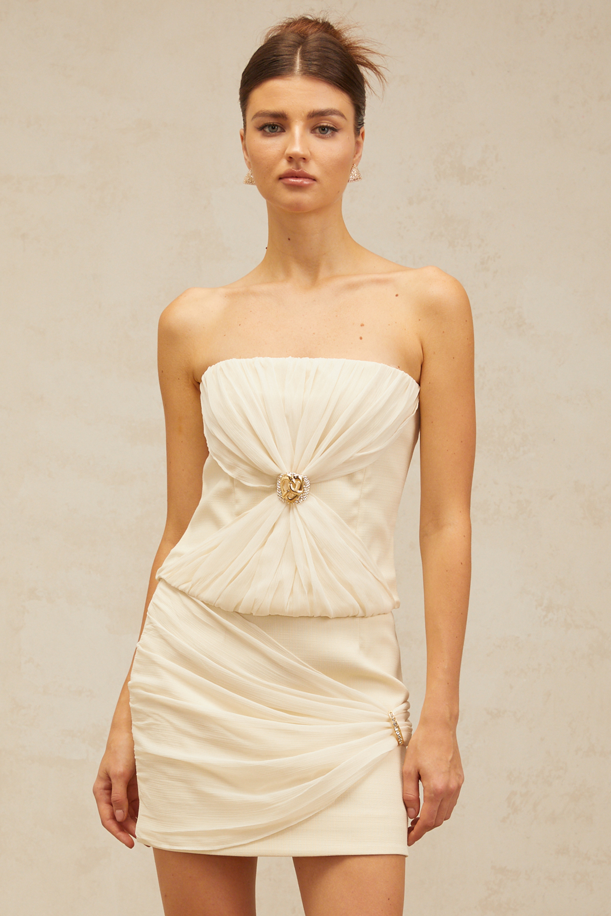Énora off-white embellished ruched top & skirt matching set