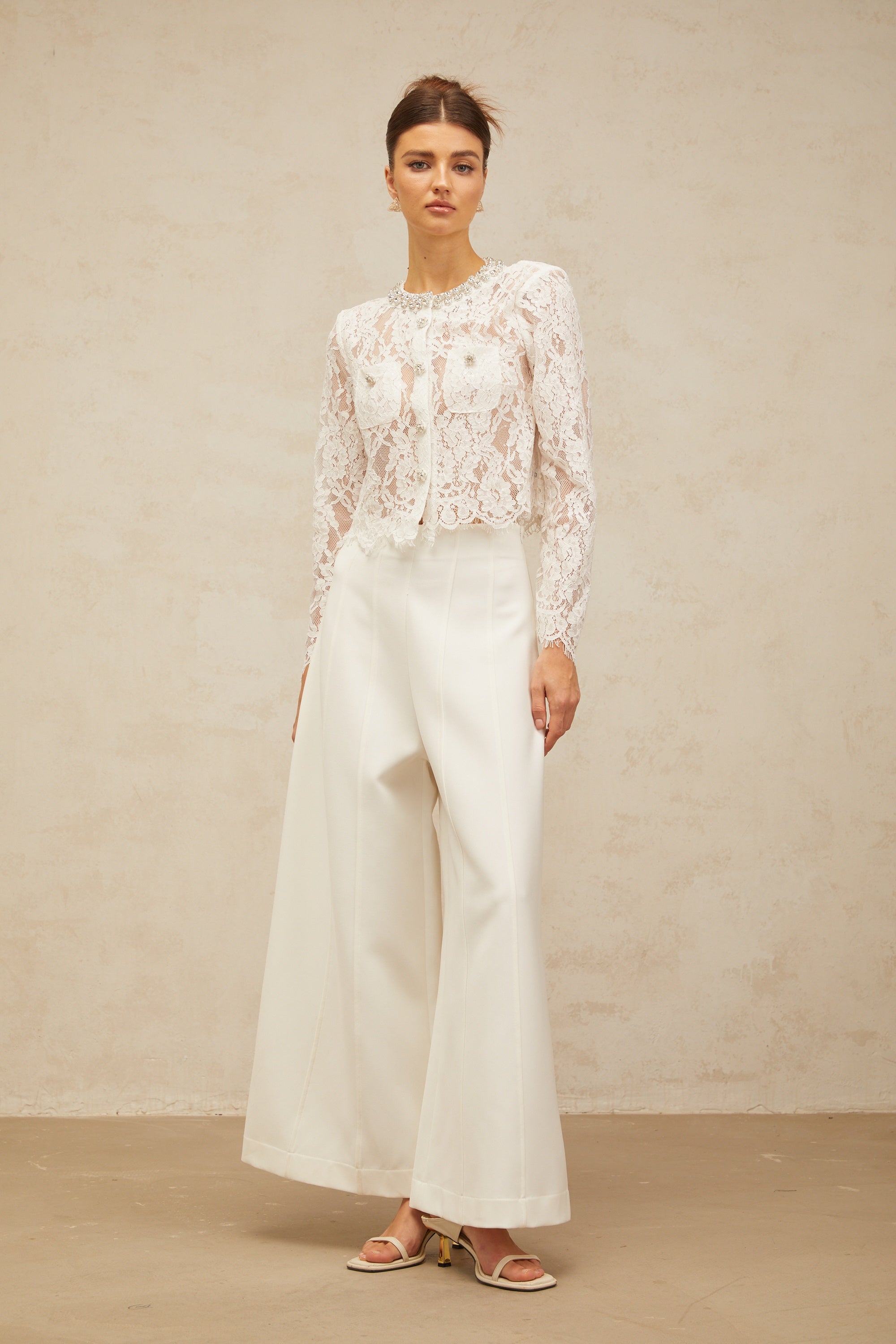 Monique white embellished floral-lace jacket