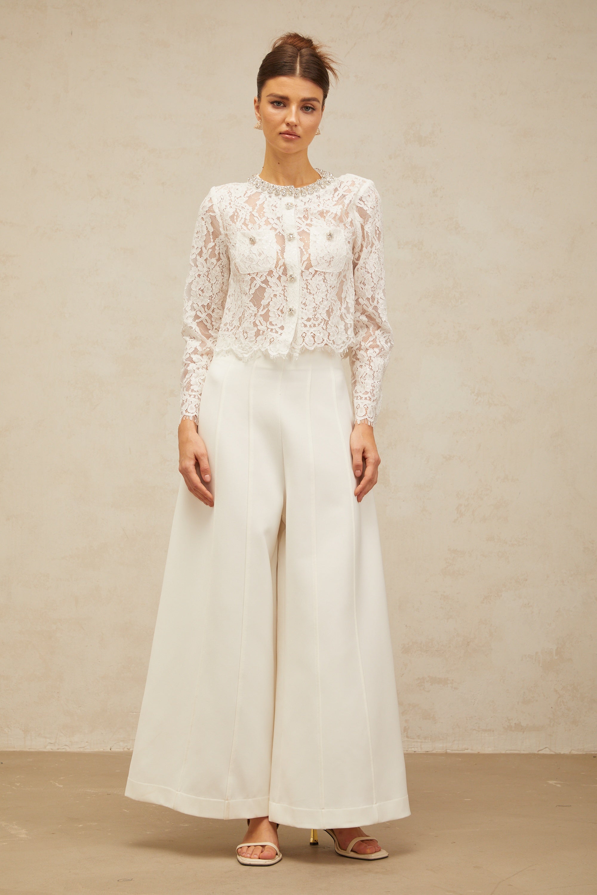 Monique white embellished floral-lace jacket