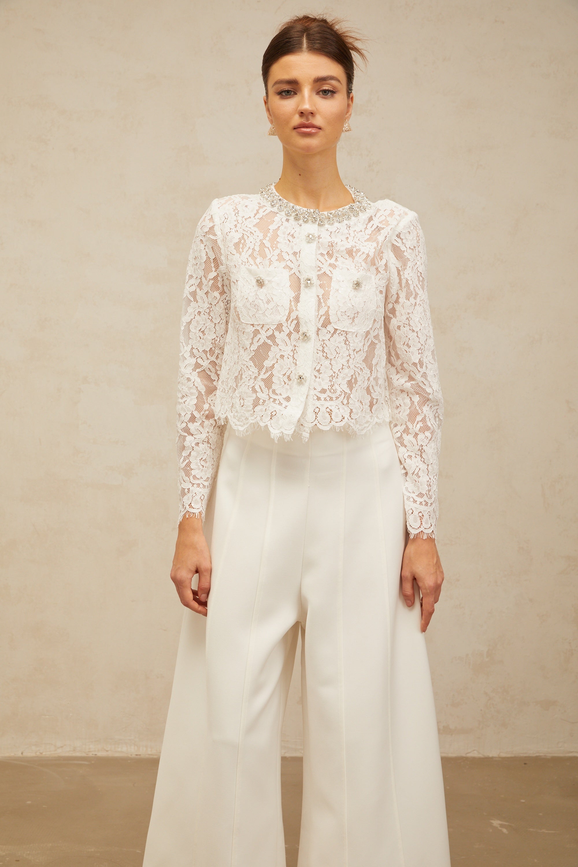 Monique white embellished floral-lace jacket