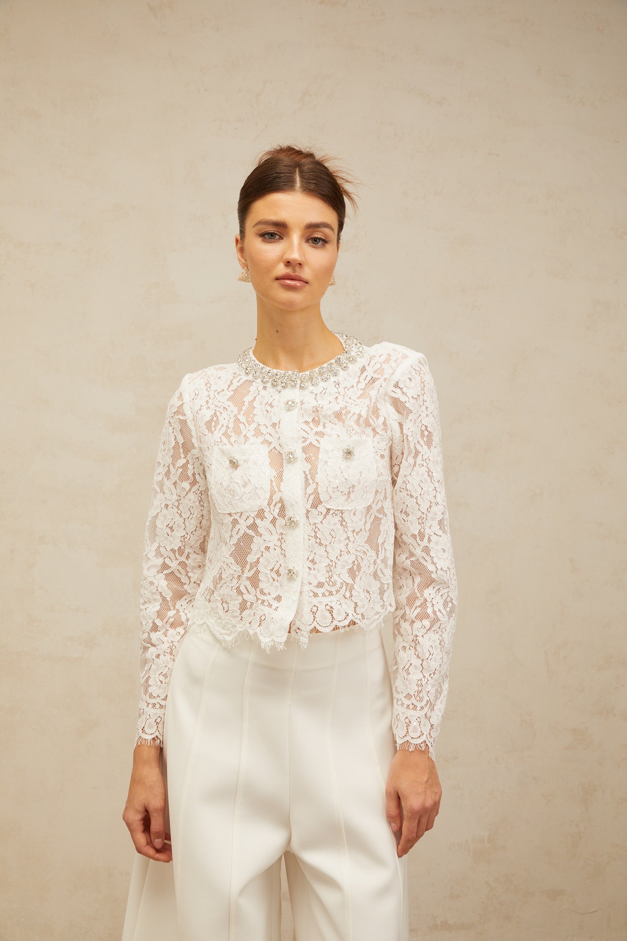 Monique white embellished floral-lace jacket