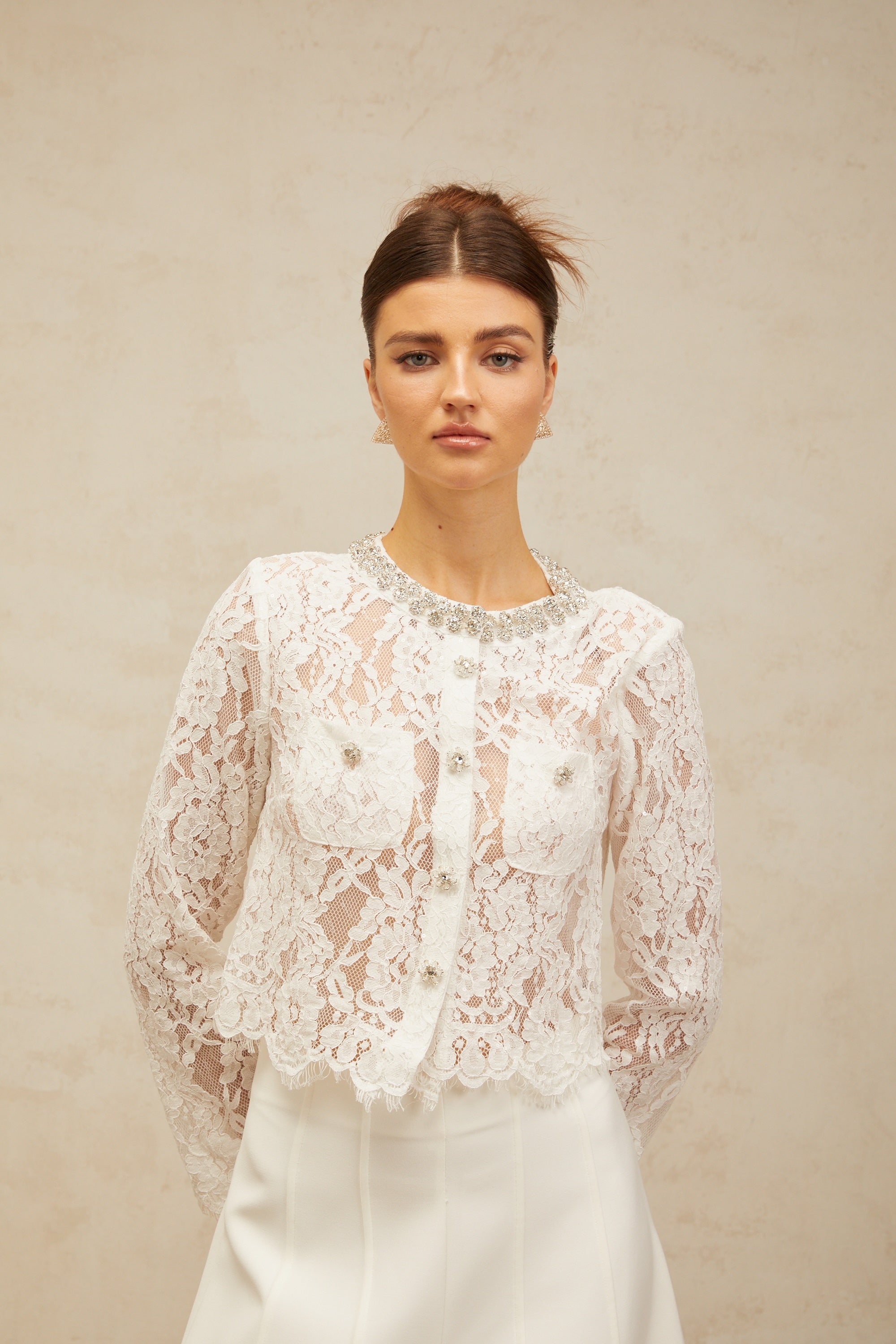 Monique white embellished floral-lace jacket